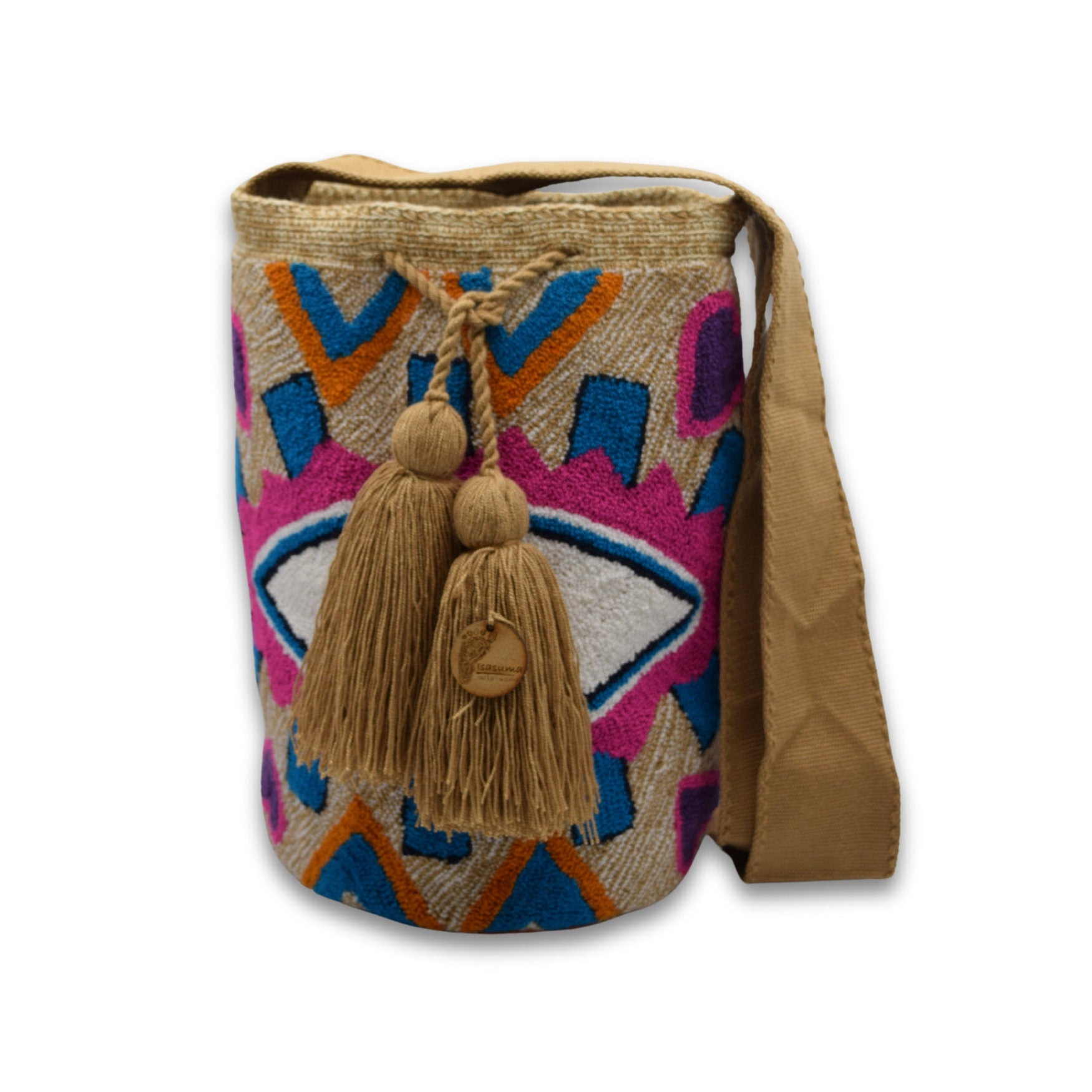 Wayuu Mochila Bag | Large Tapizada | Handmade in Colombia | Mustard and black Evil Lucky Awaken Eye Blue Triangles
