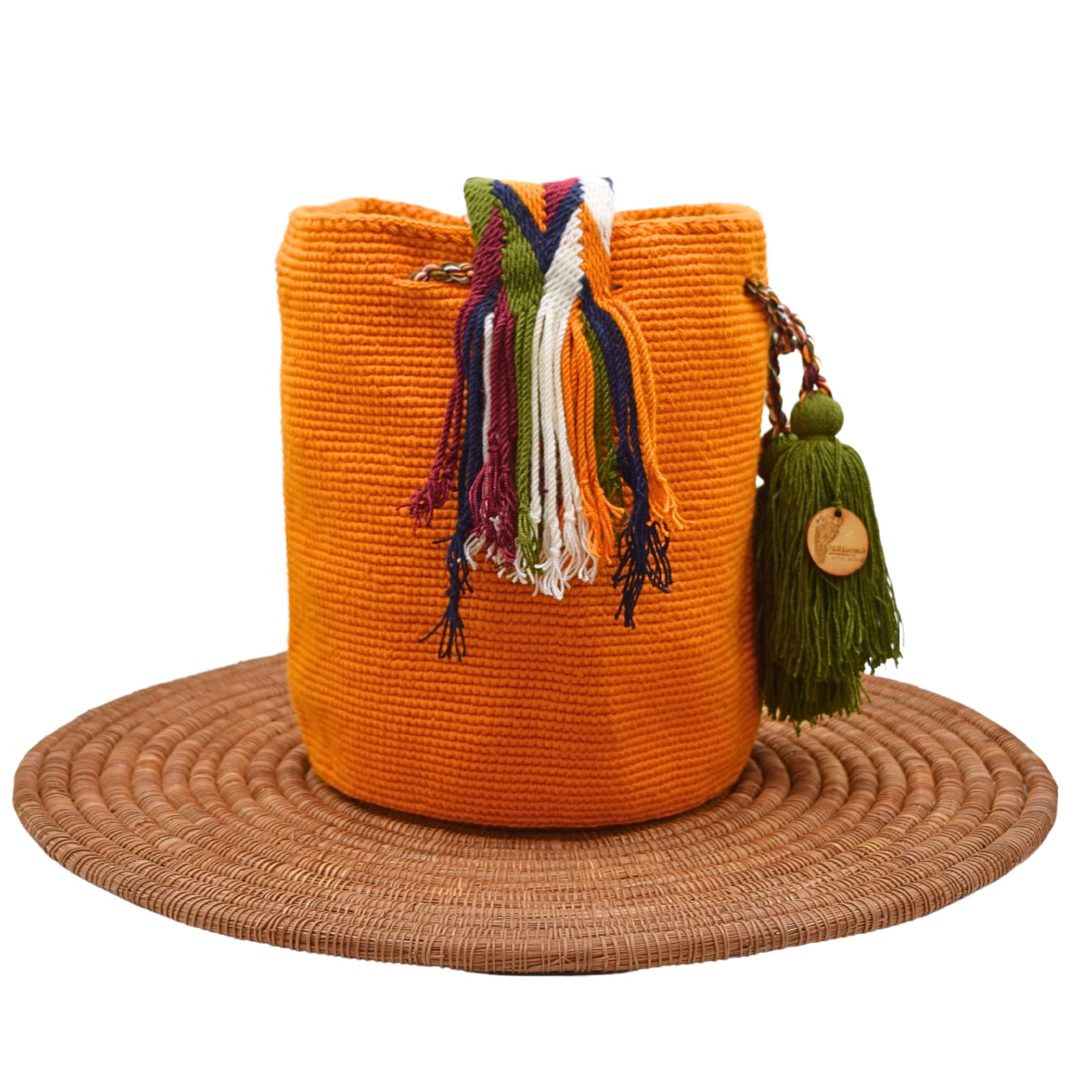 Large Orange Unicolor Wayuu Mochila Bag | Woven Crossbody Bucket Bag | Handmade in Colombia