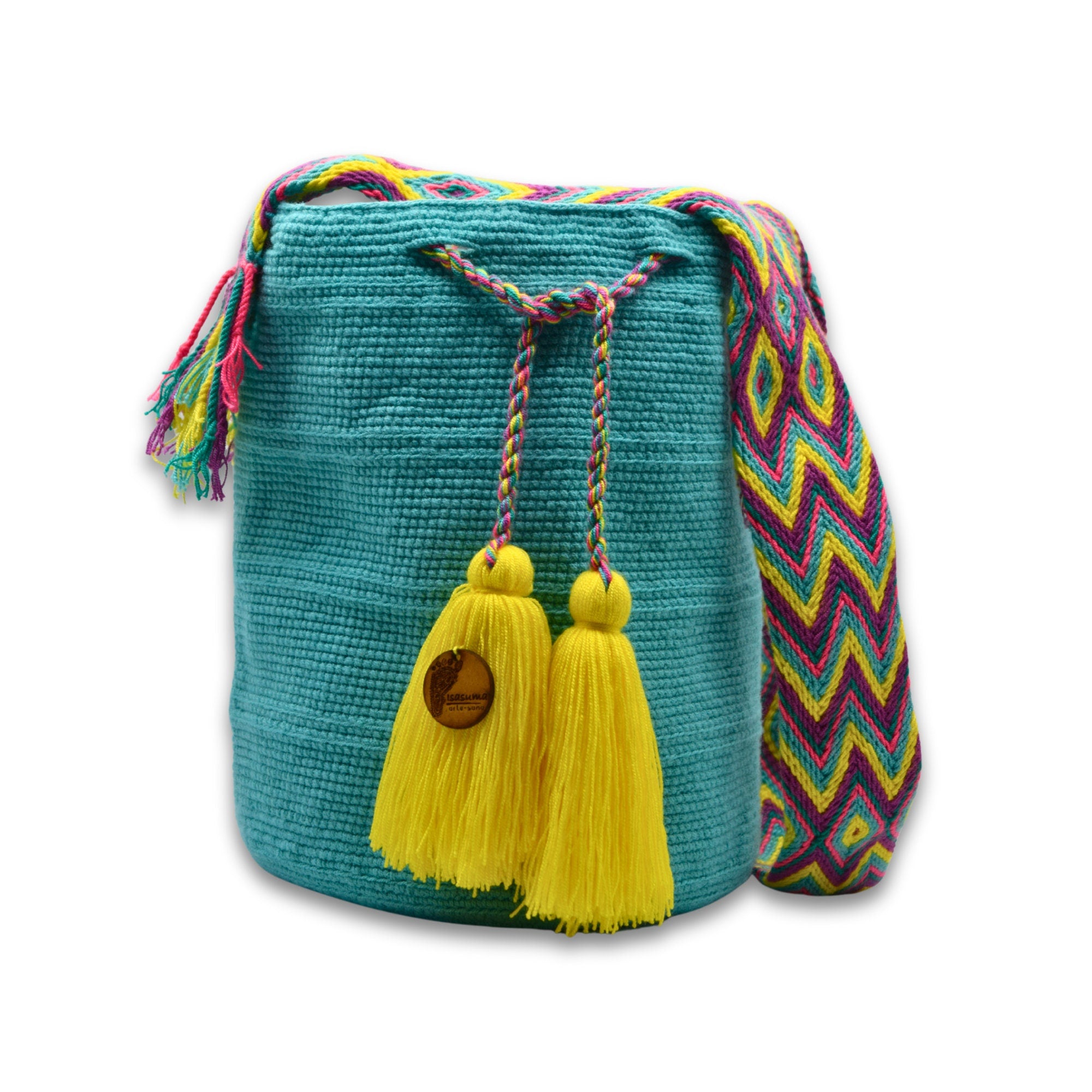 LARGE Turquoise Unicolor Wayuu Mochila Bag | Woven Crossbody Bucket Bag | Handmade