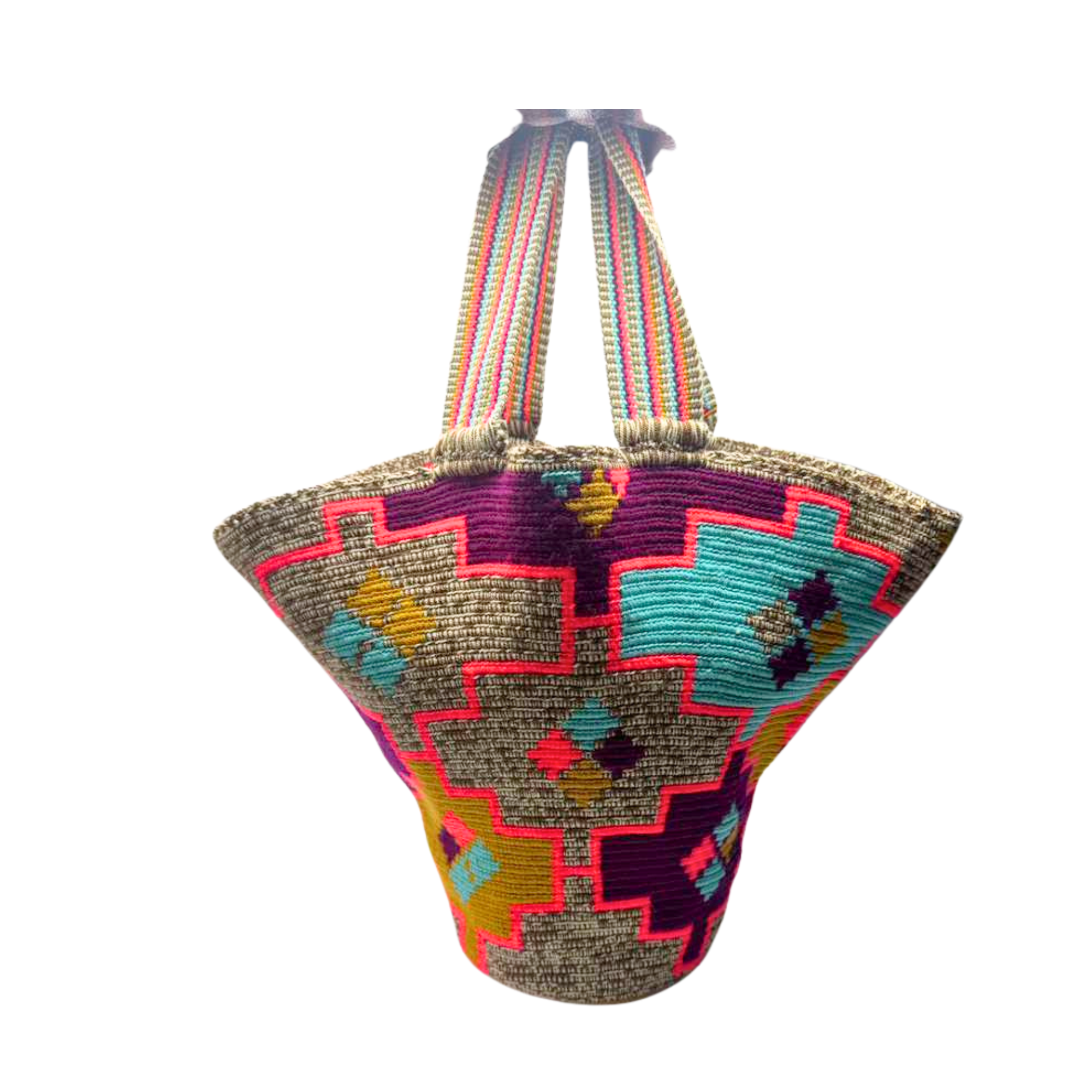X-Large Colombian Wayuu Mochila Tote Bag | Handmade | Nuanced mustard purple coral