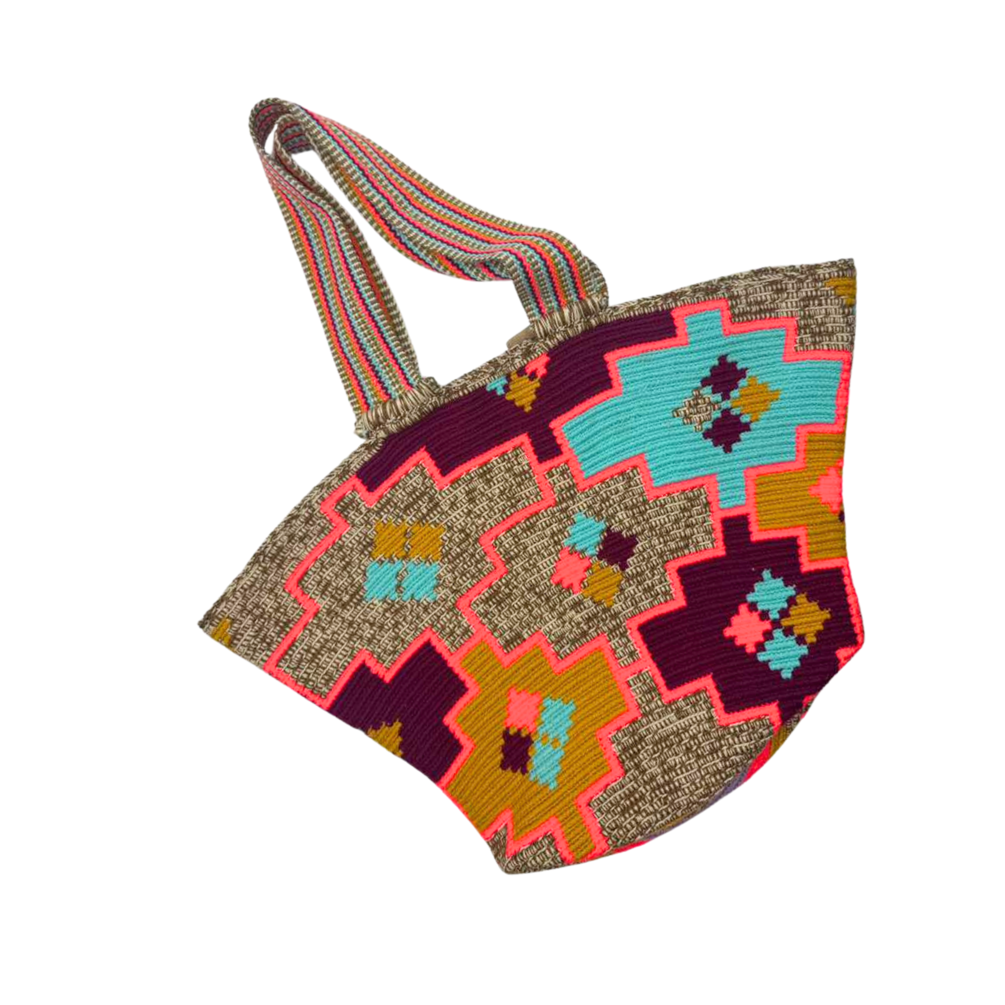 X-Large Colombian Wayuu Mochila Tote Bag | Handmade | Nuanced mustard purple coral