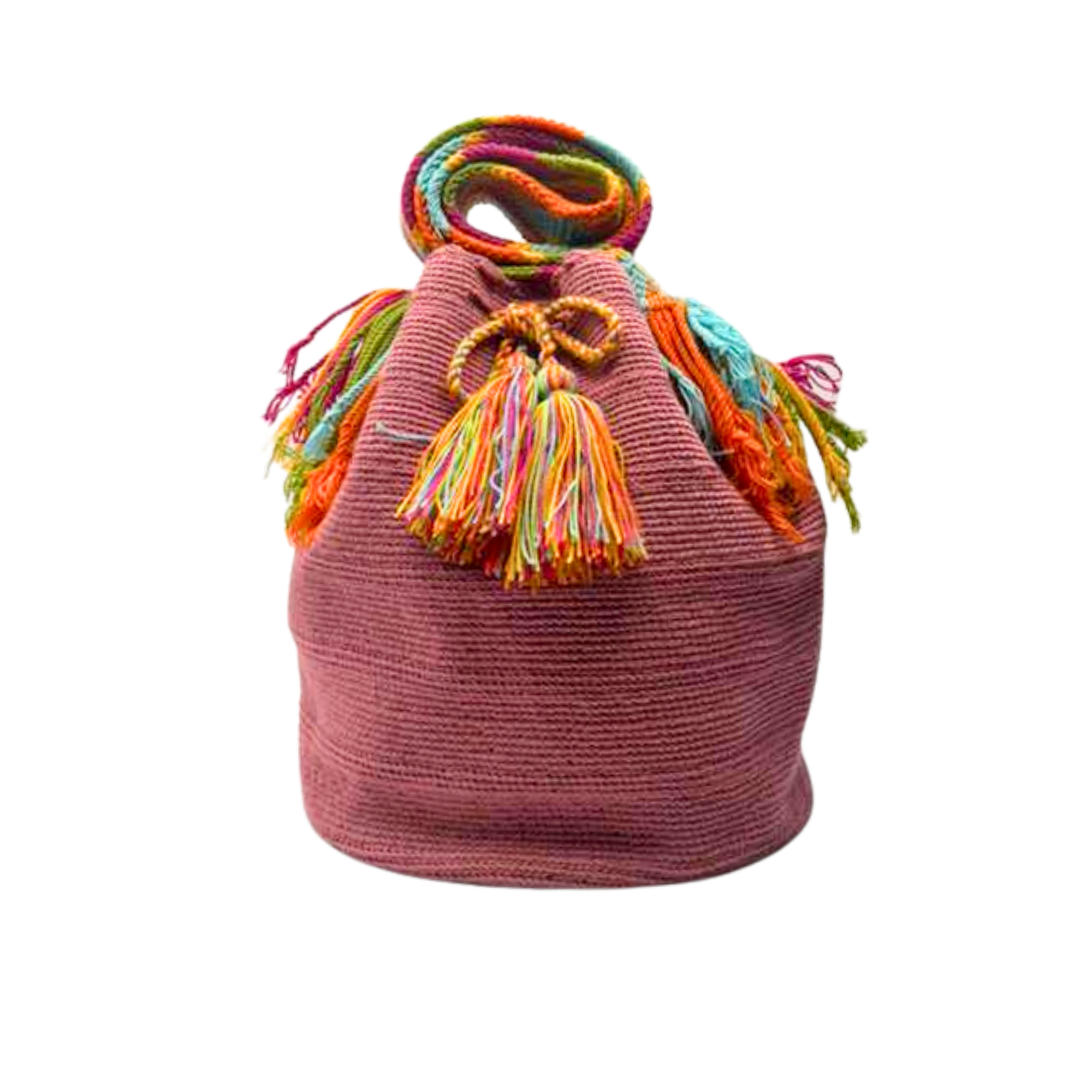 Large Unicolor Wayuu Mochila Bag | Pink and colorful strap| Handmade in Colombia