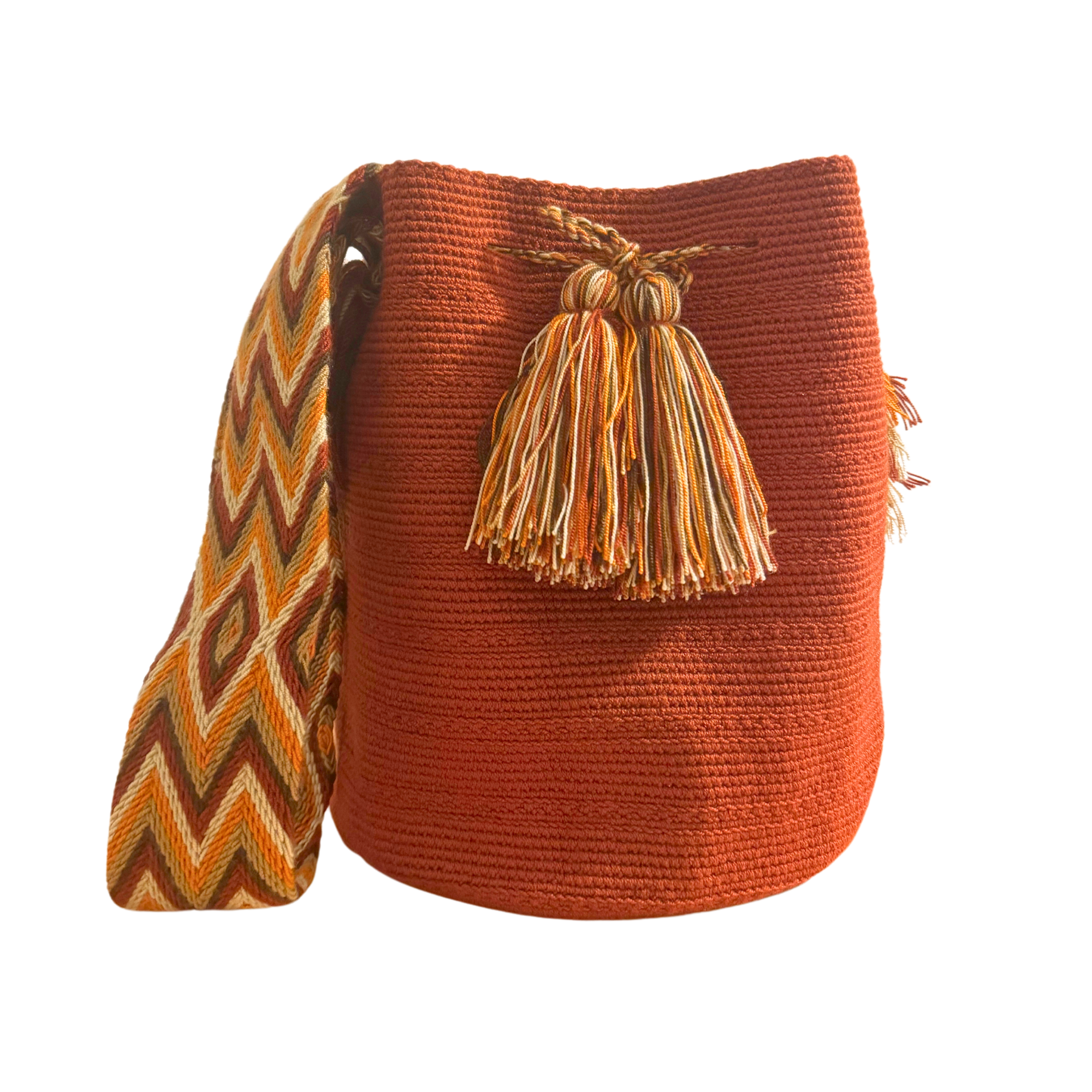 Large Unicolor Wayuu Mochila Bag | Terracotta Strap white triangles | Handmade in Colombia