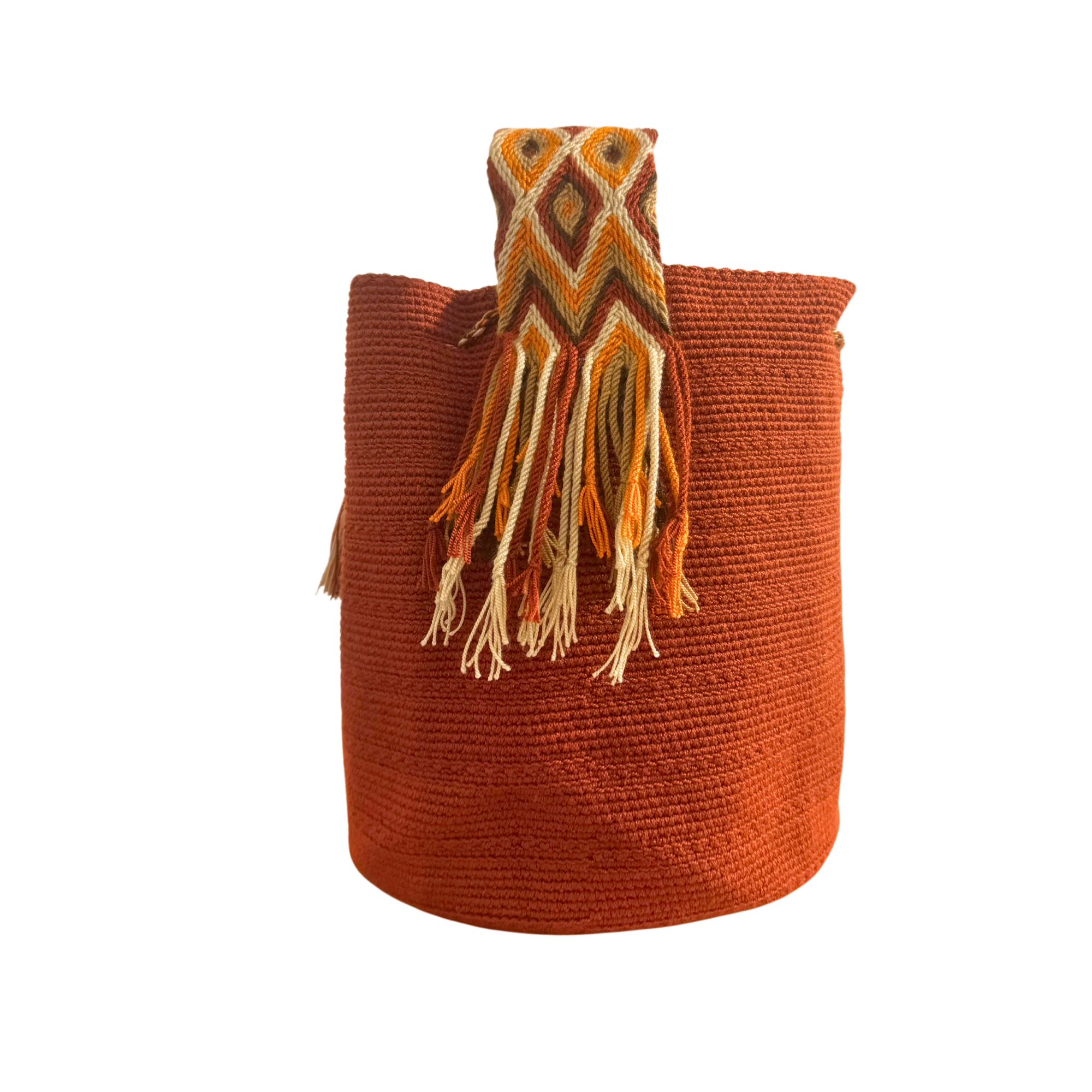 Large Unicolor Wayuu Mochila Bag | Terracotta Strap white triangles | Handmade in Colombia