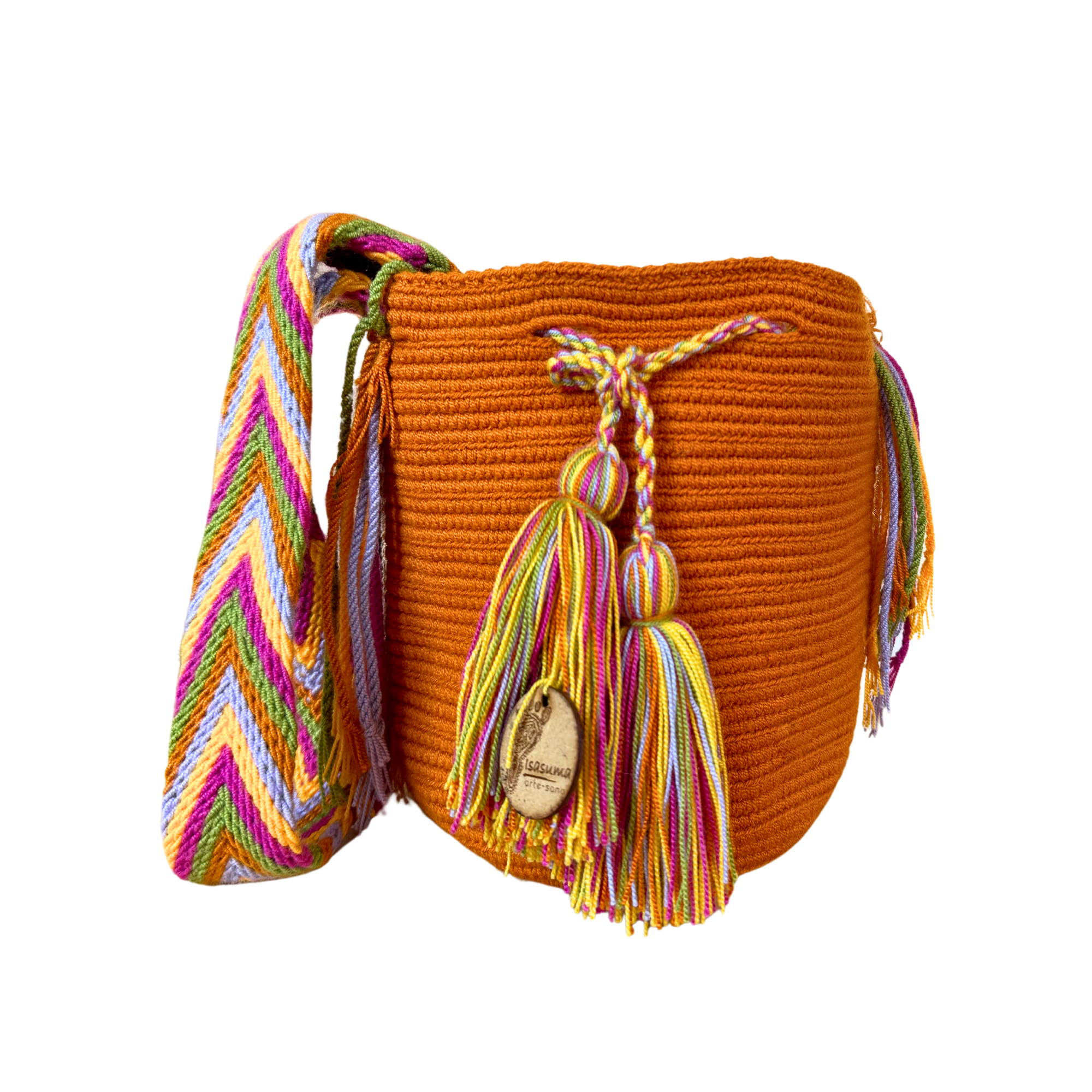 Medium Unicolor Wayuu Mochila Bag | Mustard, strap colorful  | Woven Crossbody | Handmade | Boho | Handmade in Colombia