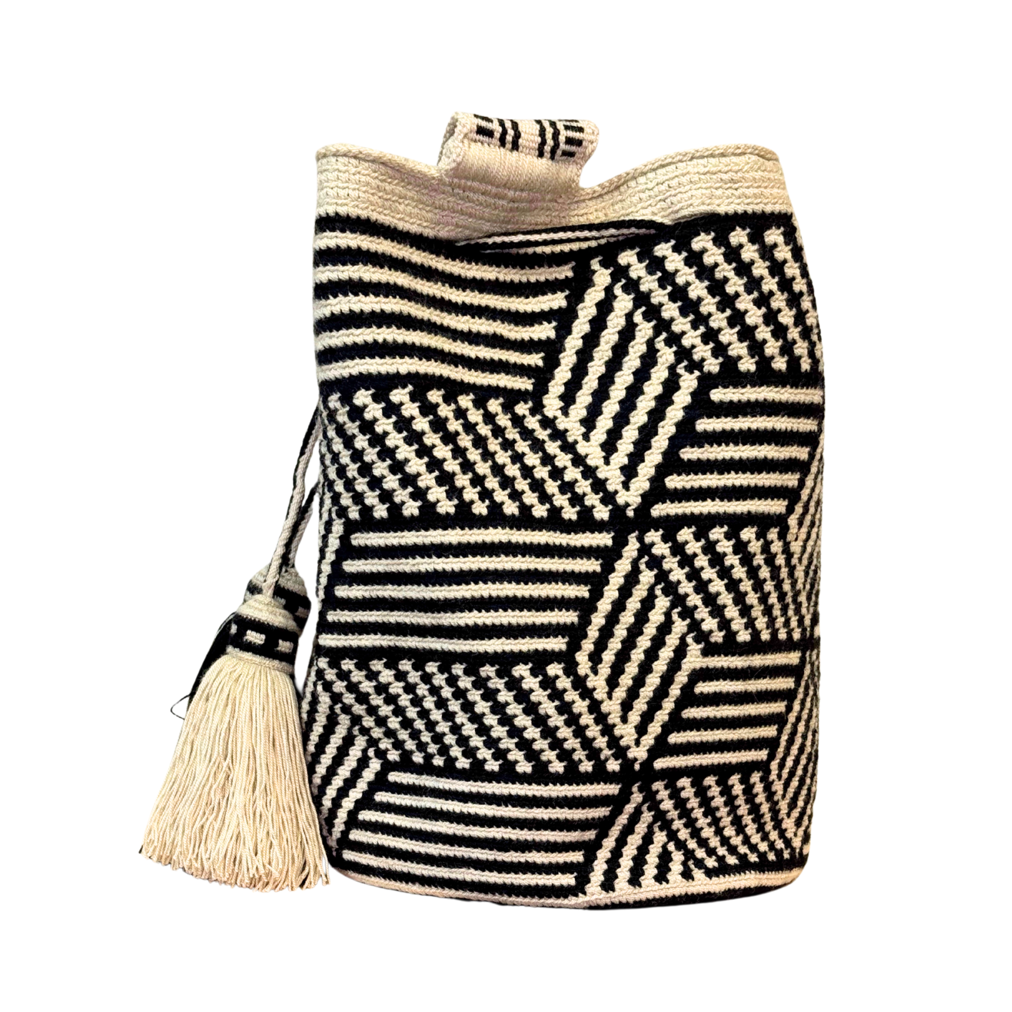Large Exclusive Colombian Wayuu Mochila Bag | Tribal Ethnic Boho Bucket Bag | Non-Stretch Strap | Beige lines black