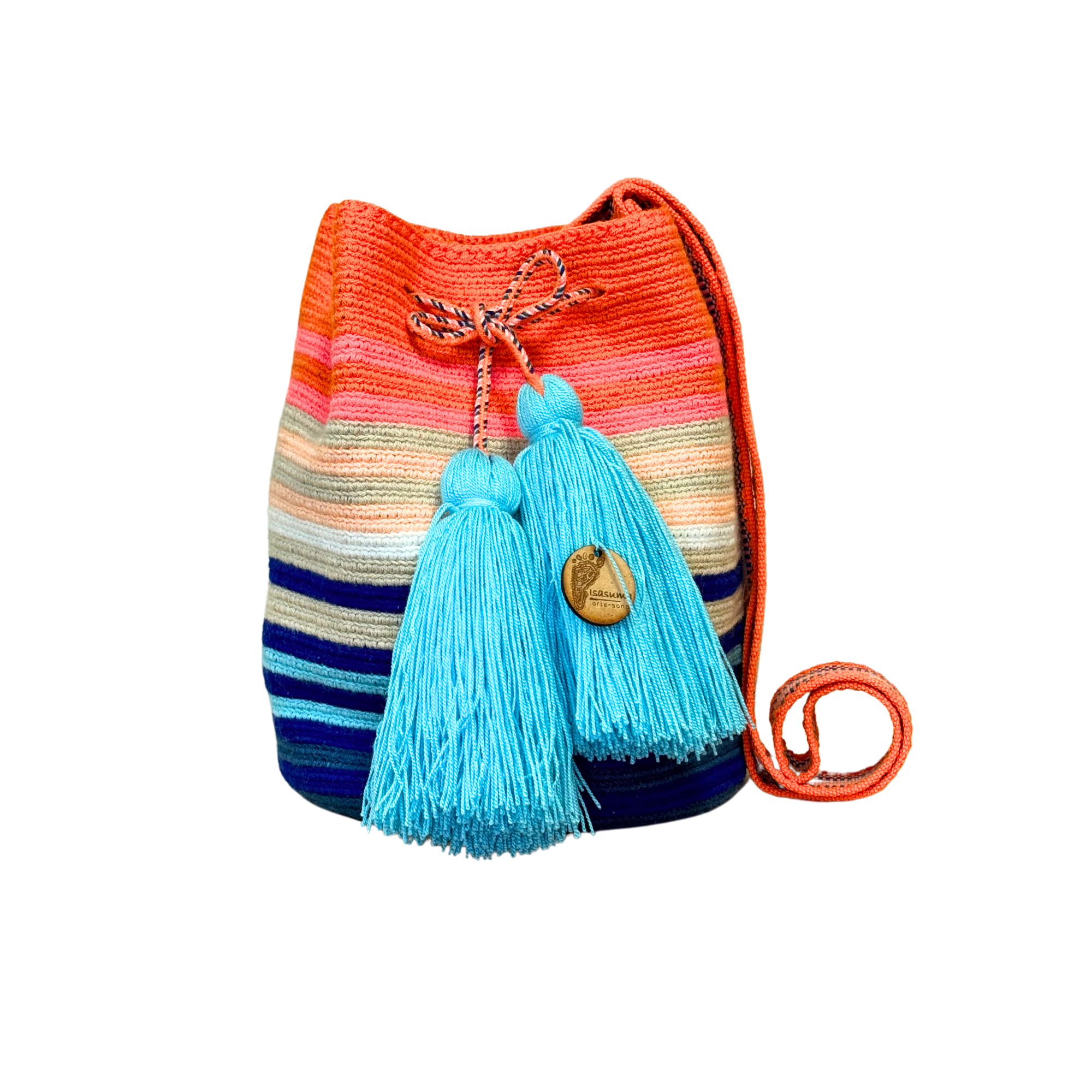 Wayuu mochila bag | Medium Traditional | Solid Strap | Orange beige and blue lines