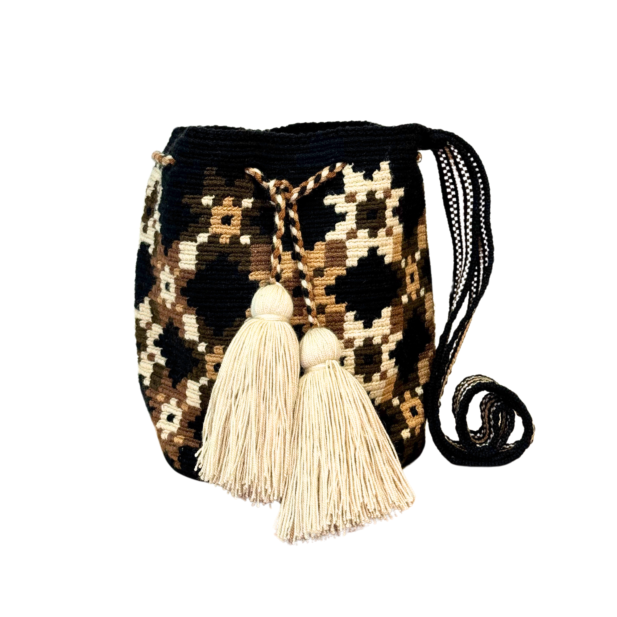 Wayuu mochila bag | Medium Traditional | Solid Strap | Black and brown in X