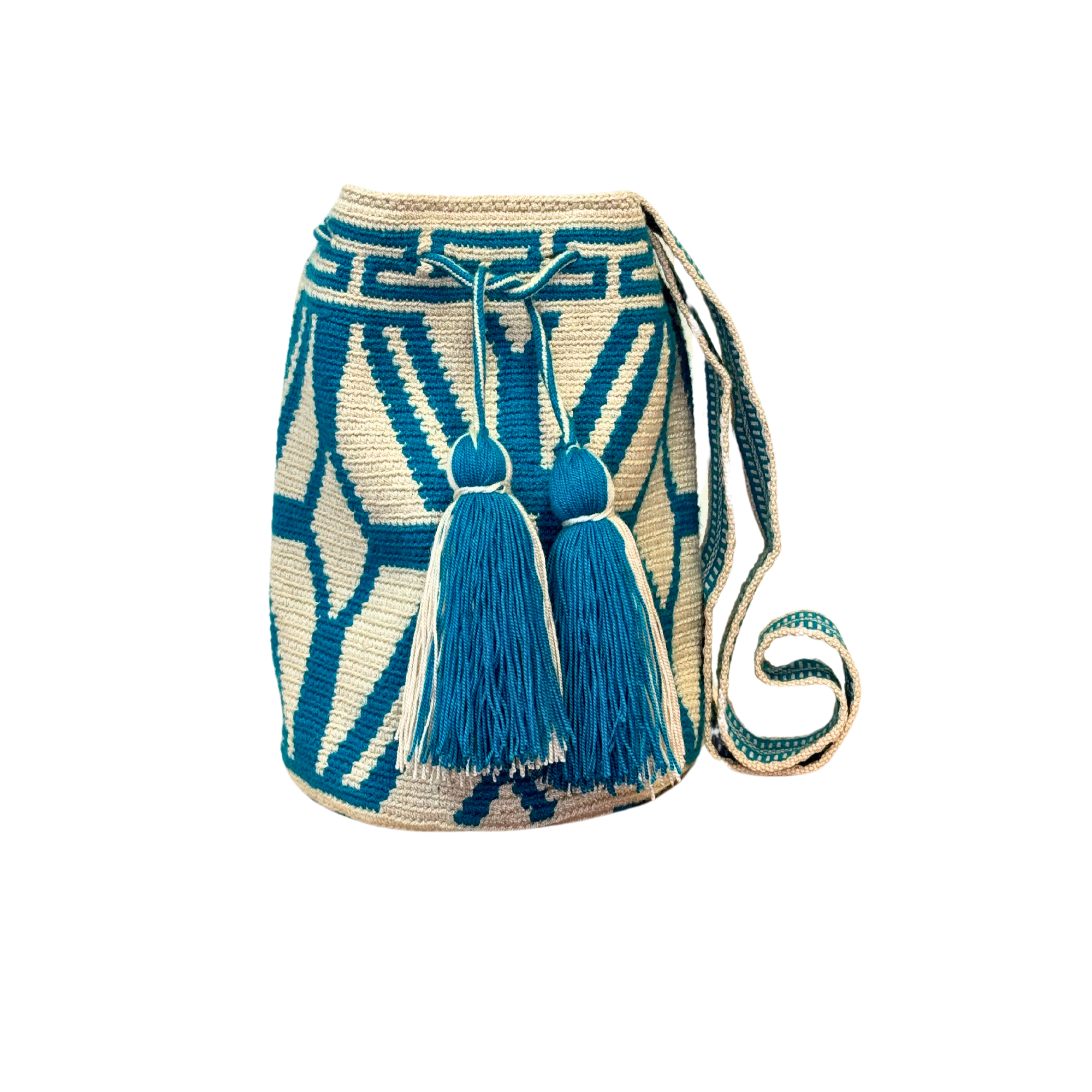 Wayuu mochila bag | Medium Traditional | Solid Strap | Beige and teal