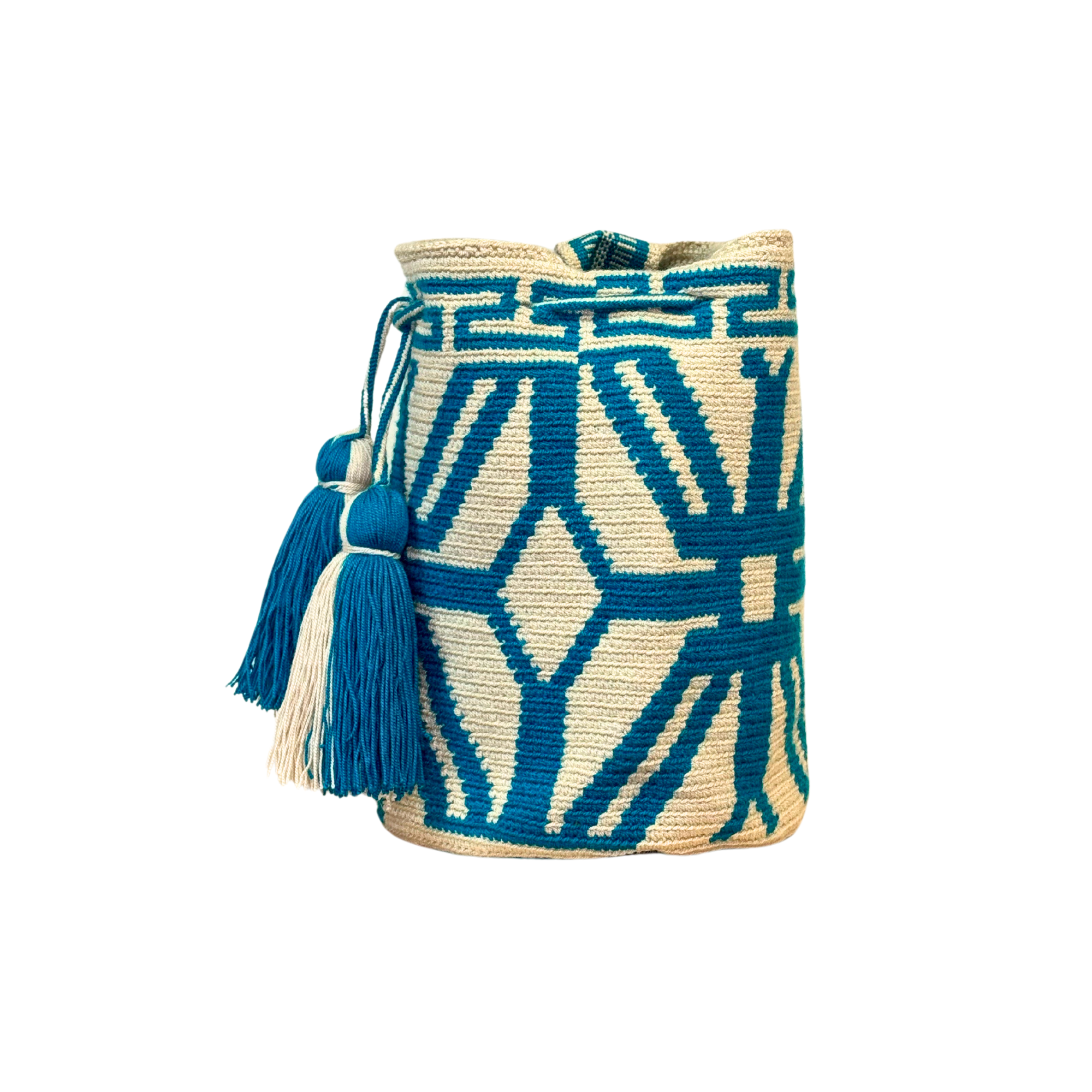 Wayuu mochila bag | Medium Traditional | Solid Strap | Beige and teal