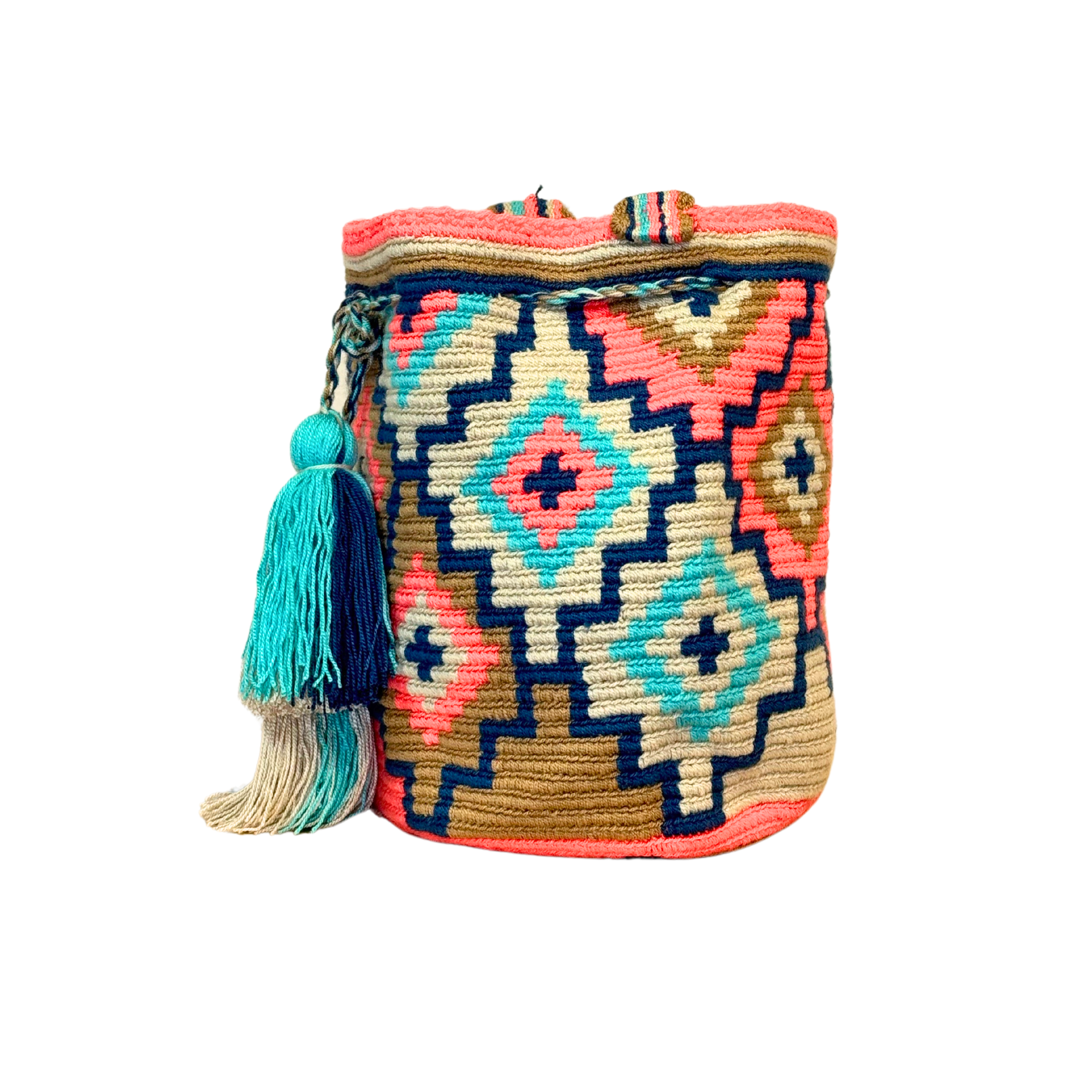 Wayuu mochila bag | Medium Traditional | Salmon, moss, beige and blue cross