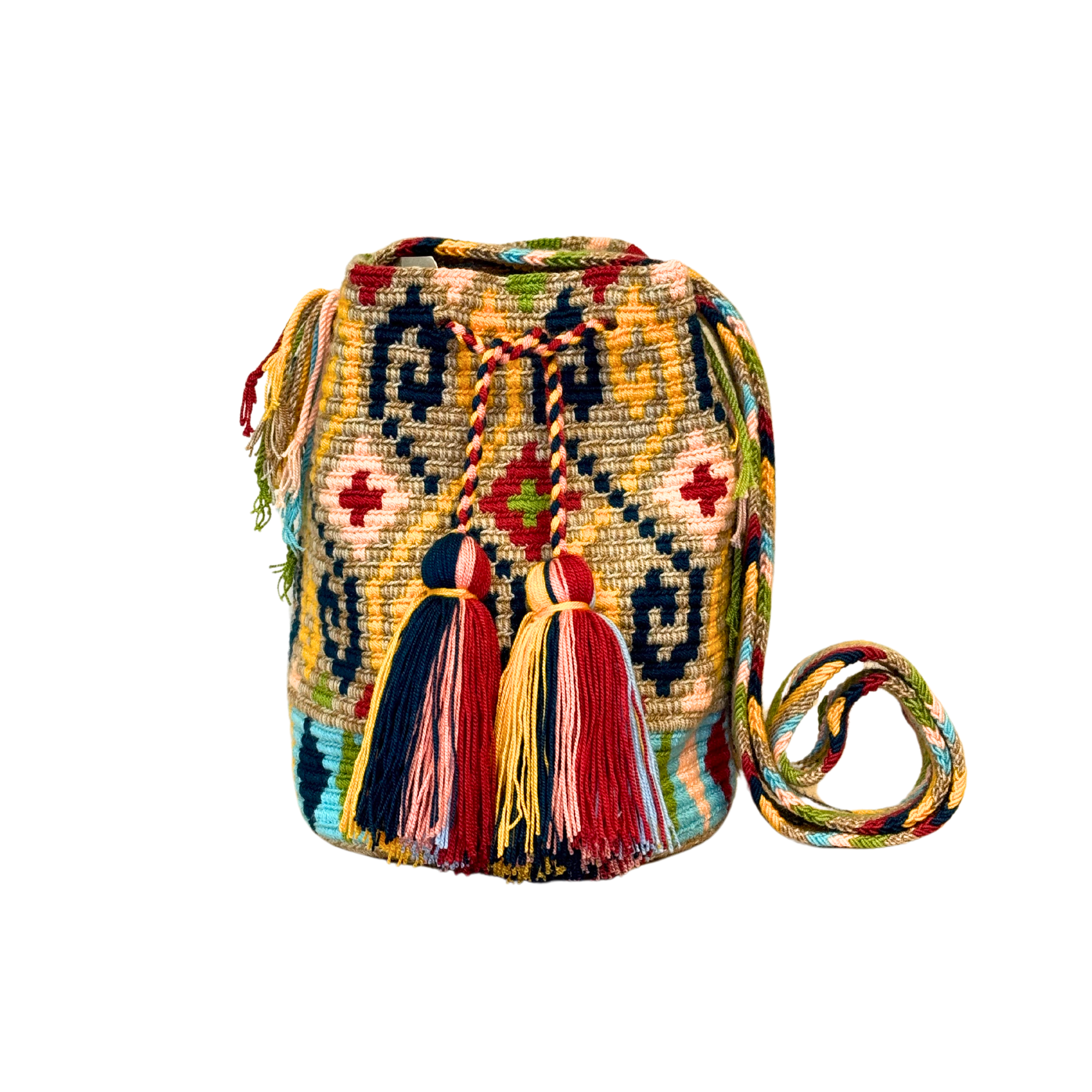 Wayuu mochila bag | Medium Traditional | Beige whit yellow and blue light