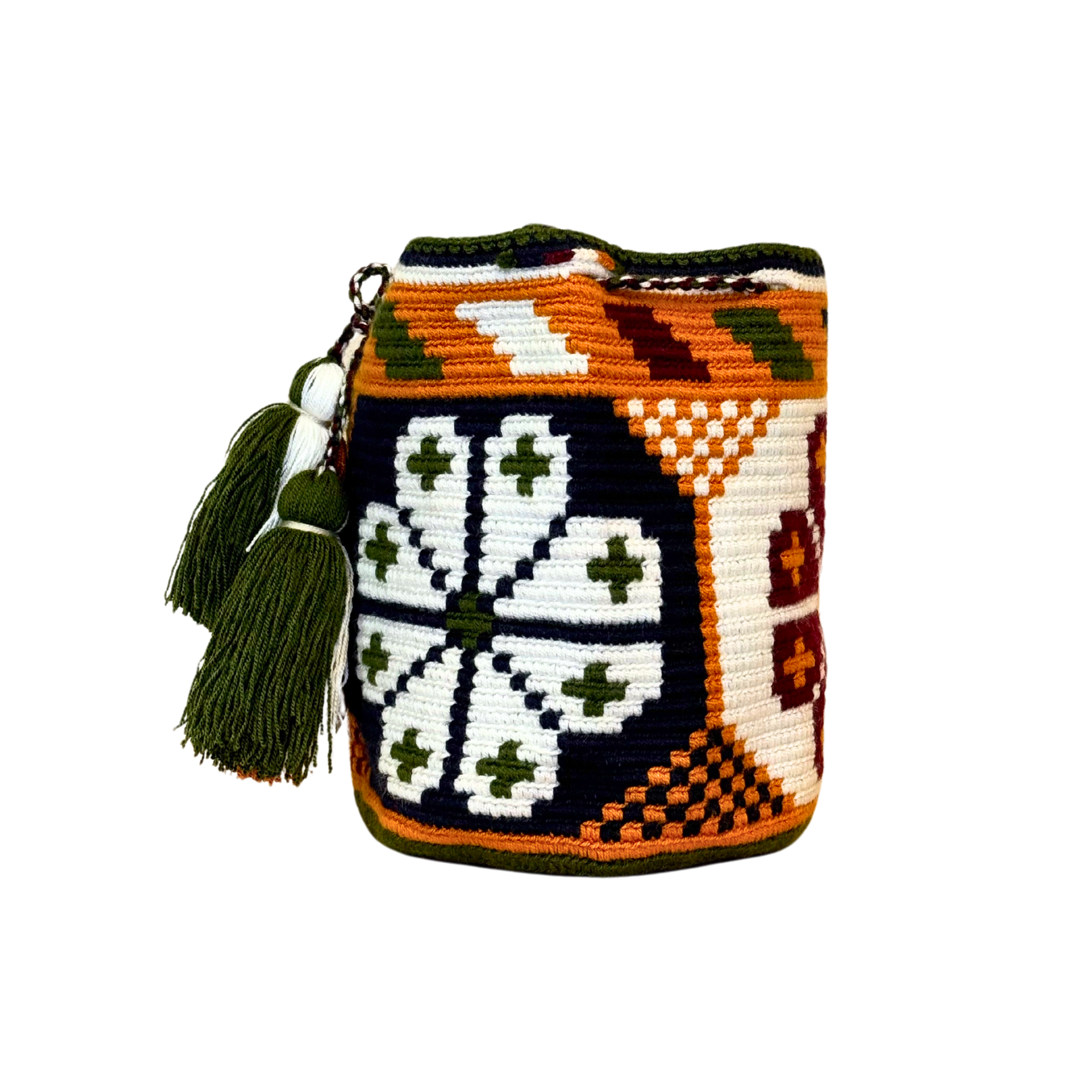 Wayuu mochila bag | Medium Traditional | Olive green and mustad flower white