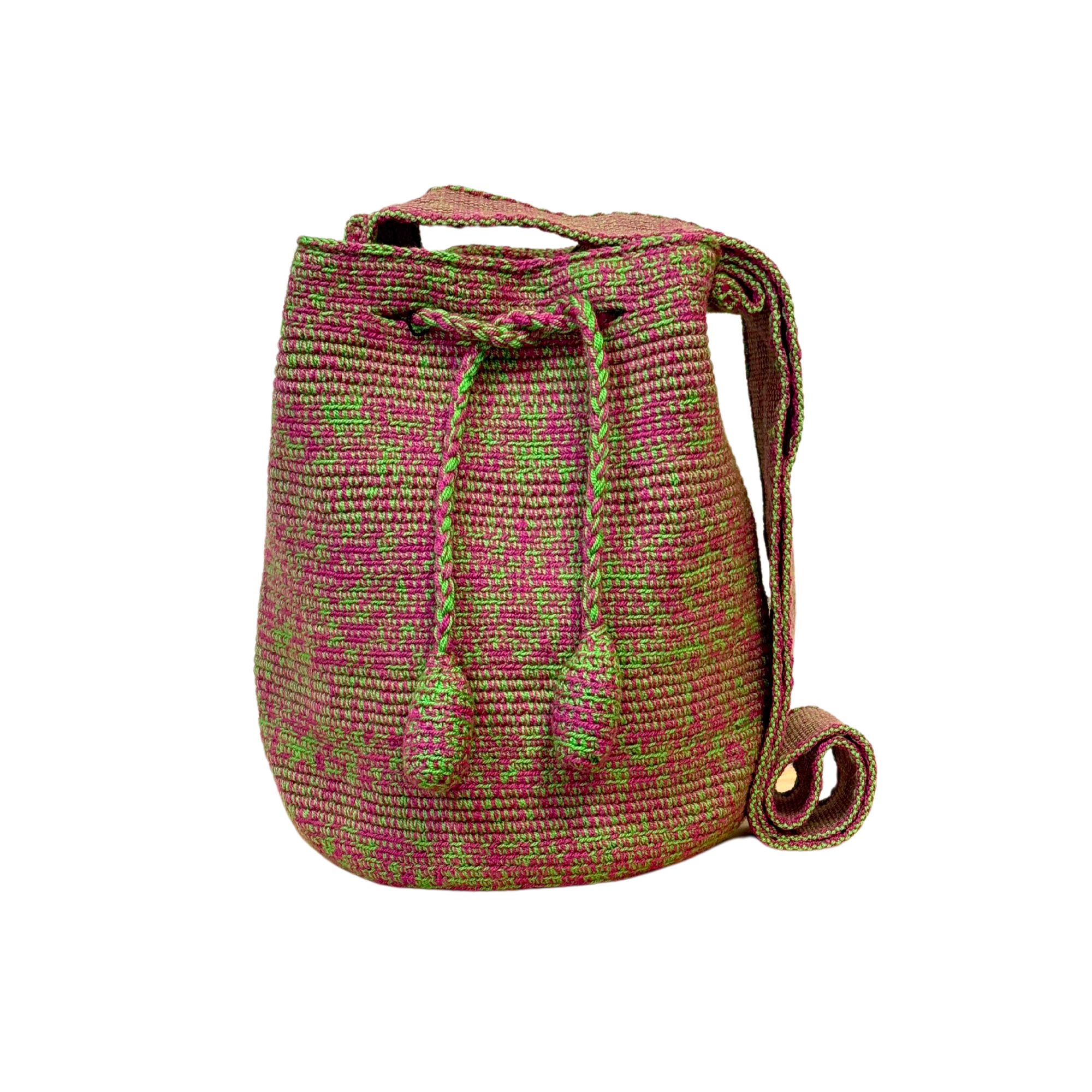 Wayuu mochila bag | Medium Traditional | Solid Strap | Pink and green marbled