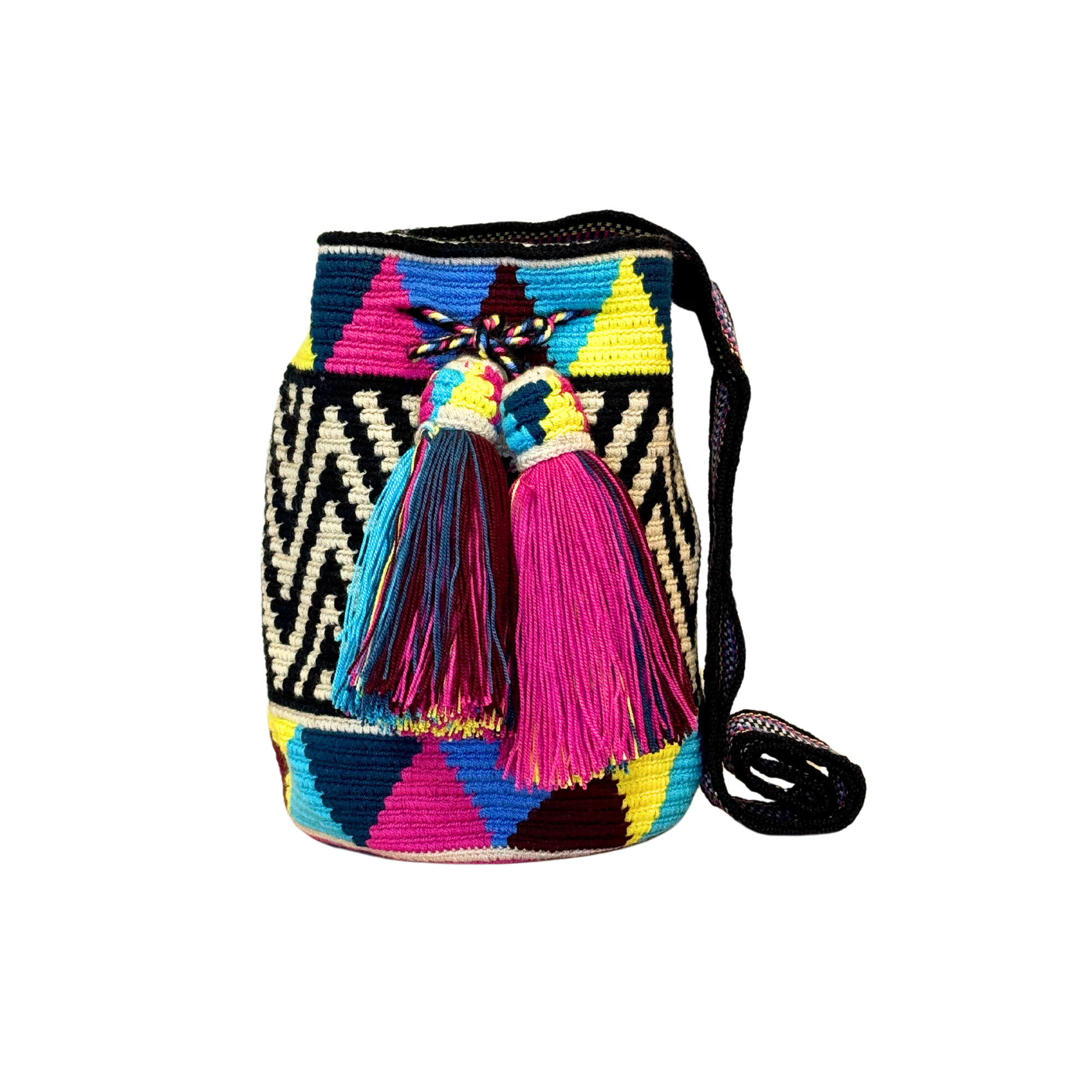 Exclusive Wayuu mochila bag | Medium Woven Crossbody Handmade Gorrito Mochila | Zig zag blue and yellow solid strap
