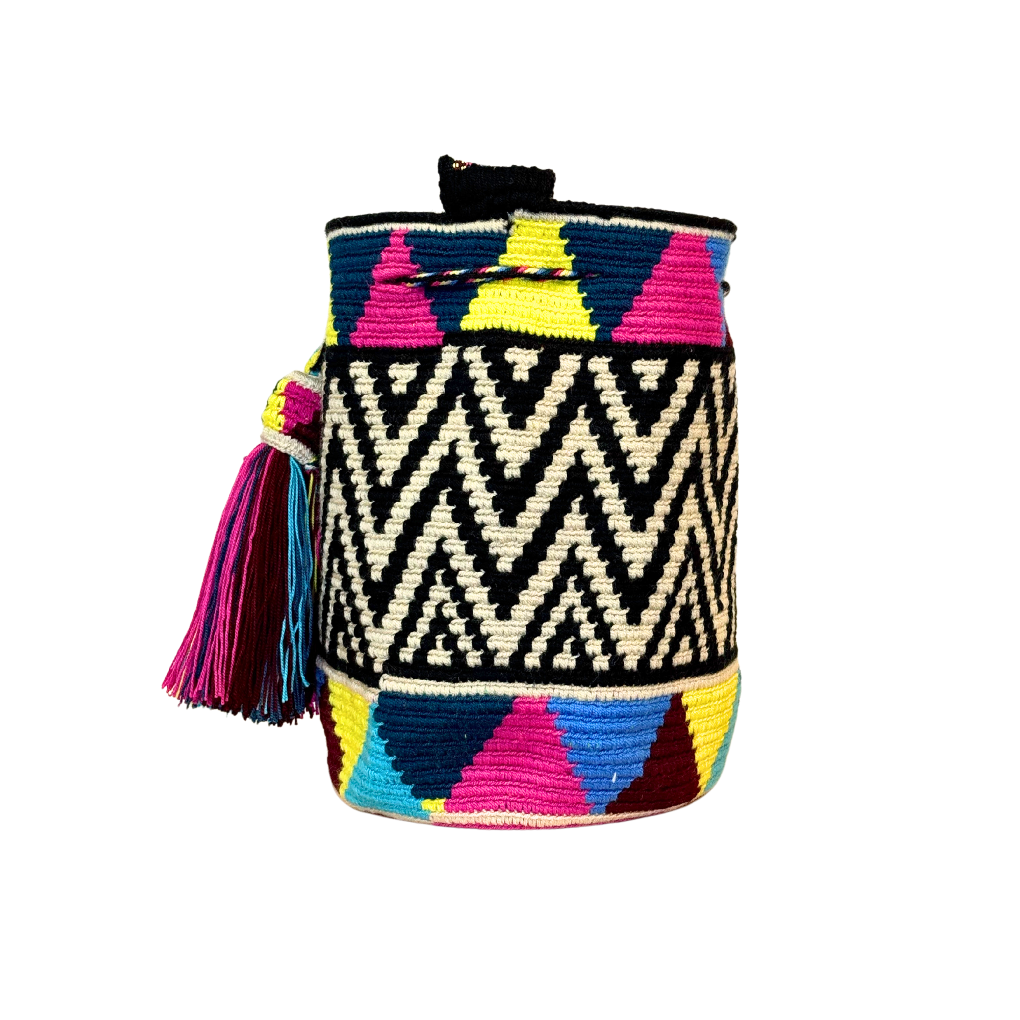 Exclusive Wayuu mochila bag | Medium Woven Crossbody Handmade Gorrito Mochila | Zig zag blue and yellow solid strap