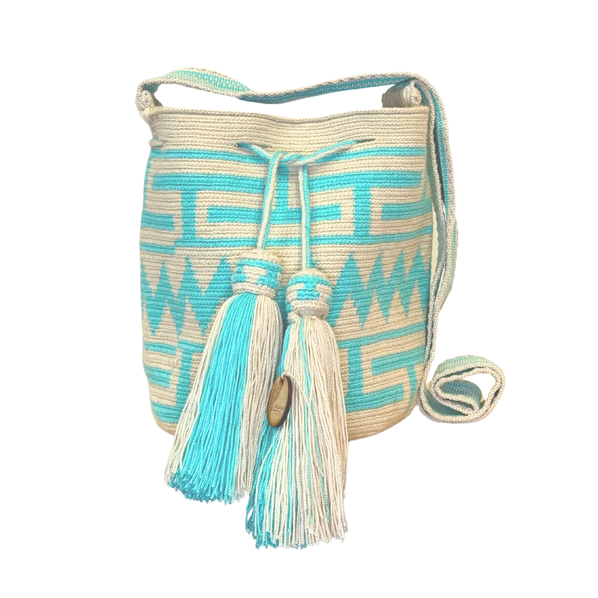 Exclusive Wayuu mochila bag | Medium Woven Crossbody Handmade Gorrito Mochila | Beige and teal zig zag solid strap