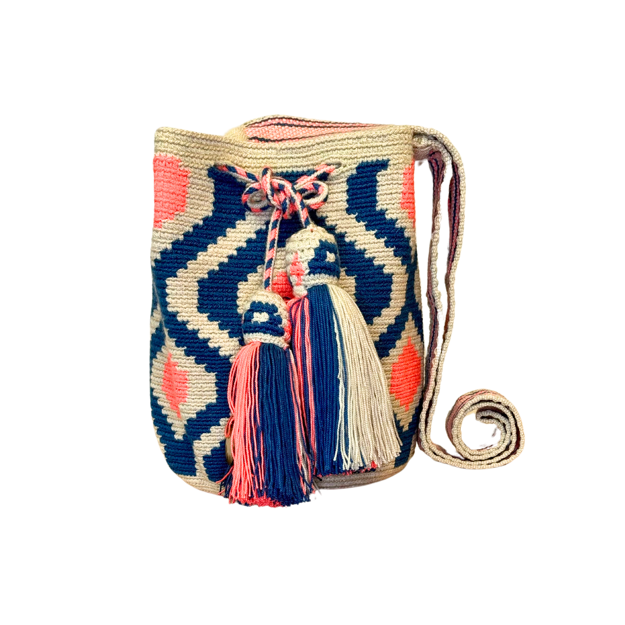 Exclusive Wayuu mochila bag | Medium Woven Crossbody Handmade Gorrito Mochila | Blue and salmon rhombus solid strap