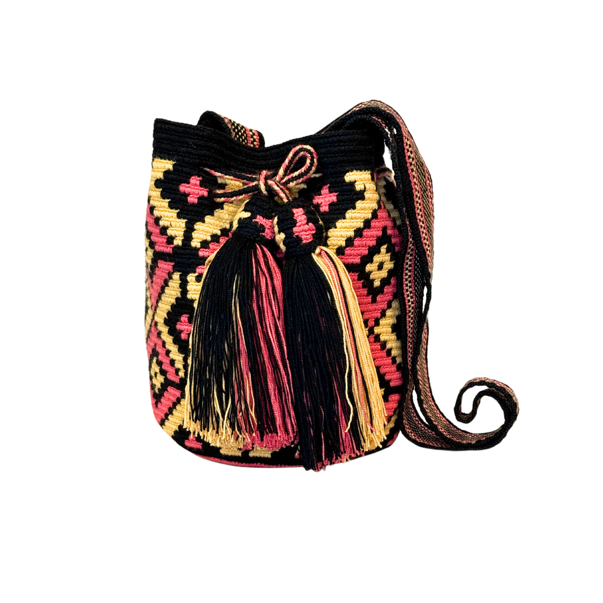 Exclusive Wayuu mochila bag | Medium Woven Crossbody Handmade Gorrito Mochila | Pink, beige and black rhombus solid strap