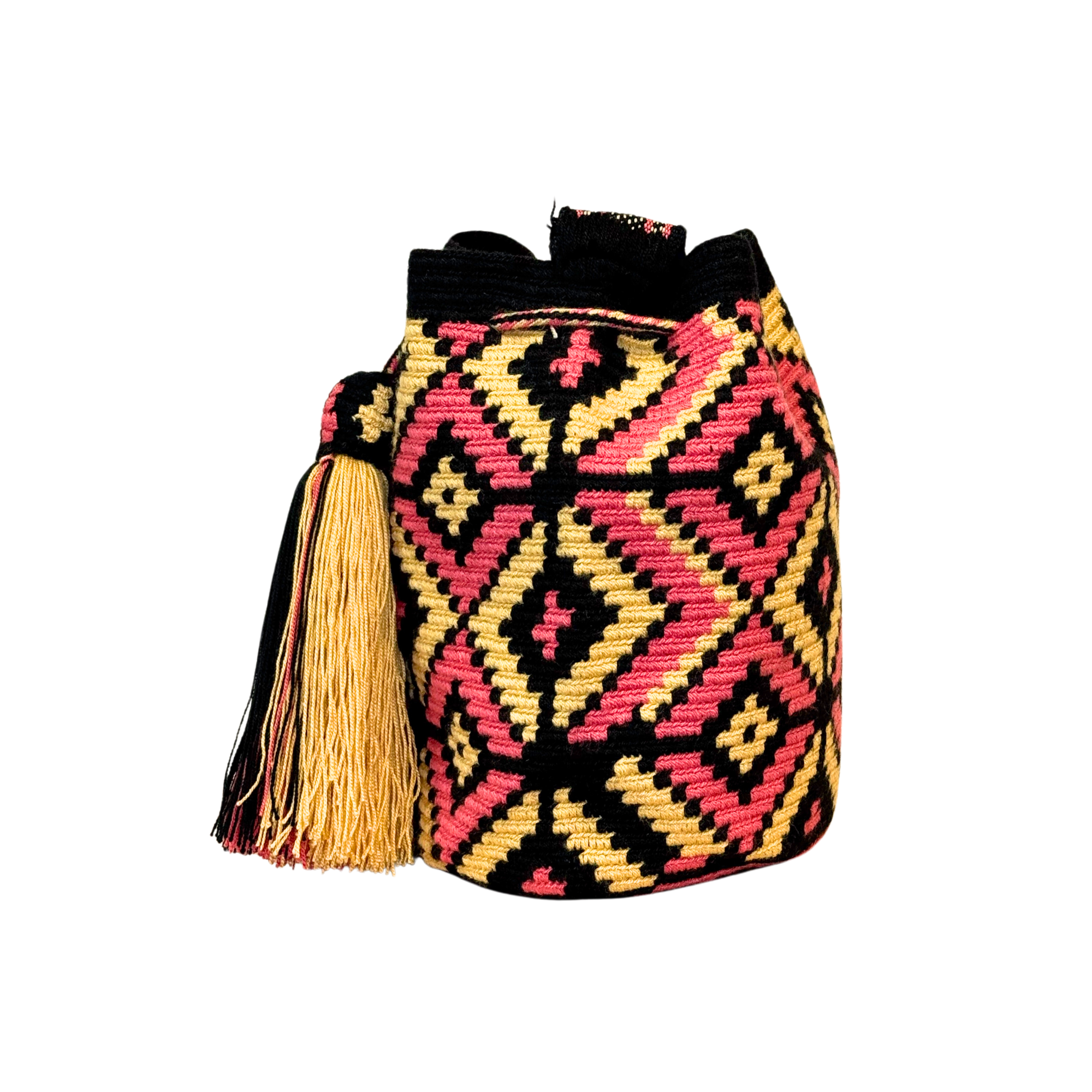 Exclusive Wayuu mochila bag | Medium Woven Crossbody Handmade Gorrito Mochila | Pink, beige and black rhombus solid strap