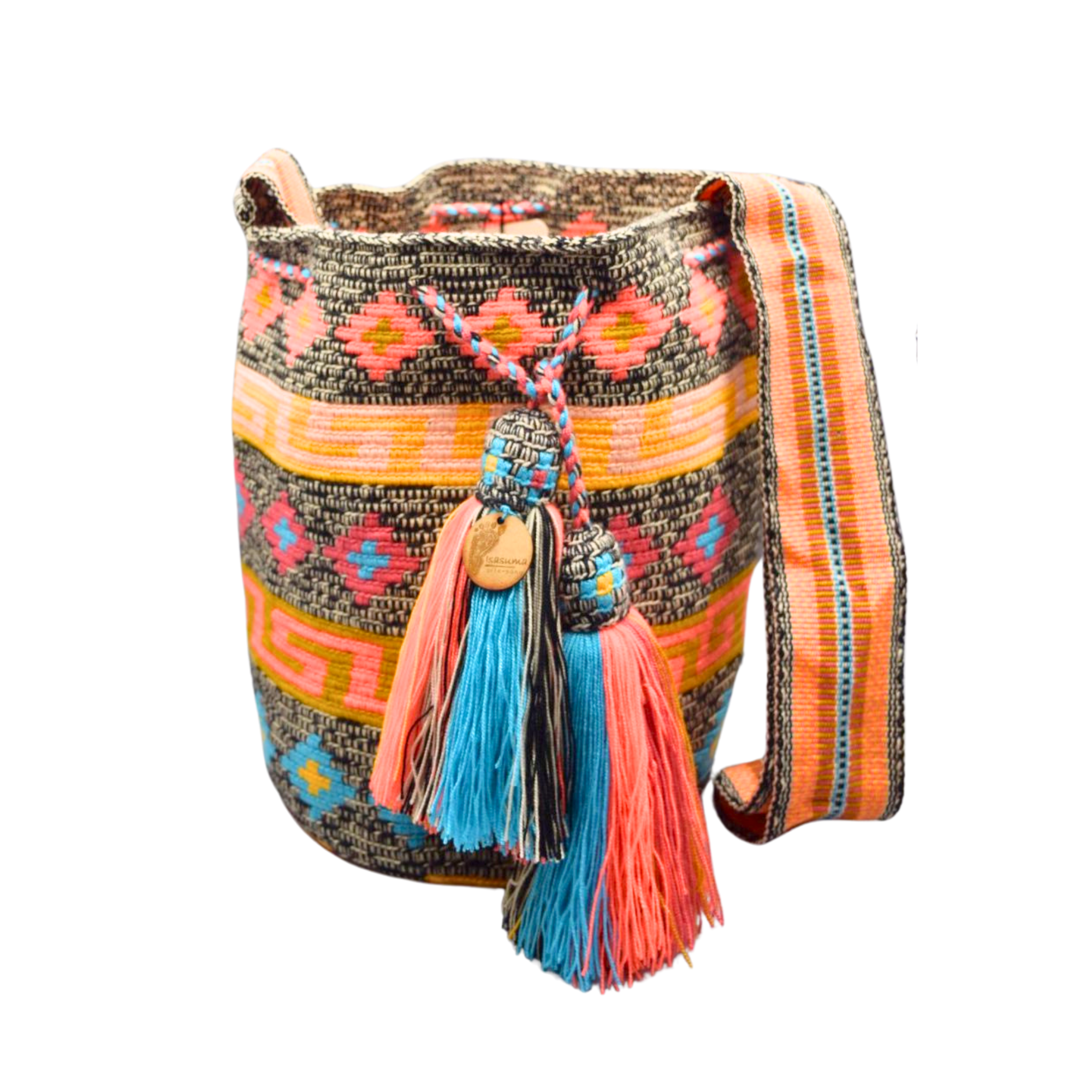 Large Exclusive Colombian Wayuu Mochila Bag | Non-Stretch Strap | Red and yellow figures marbled model