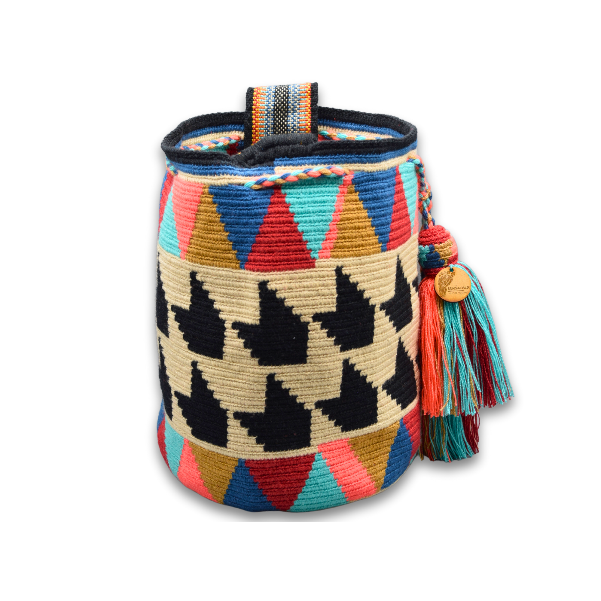 Large Exclusive Colombian Wayuu Mochila Bag | Non-Stretch Strap | Black lines colorful big triangles