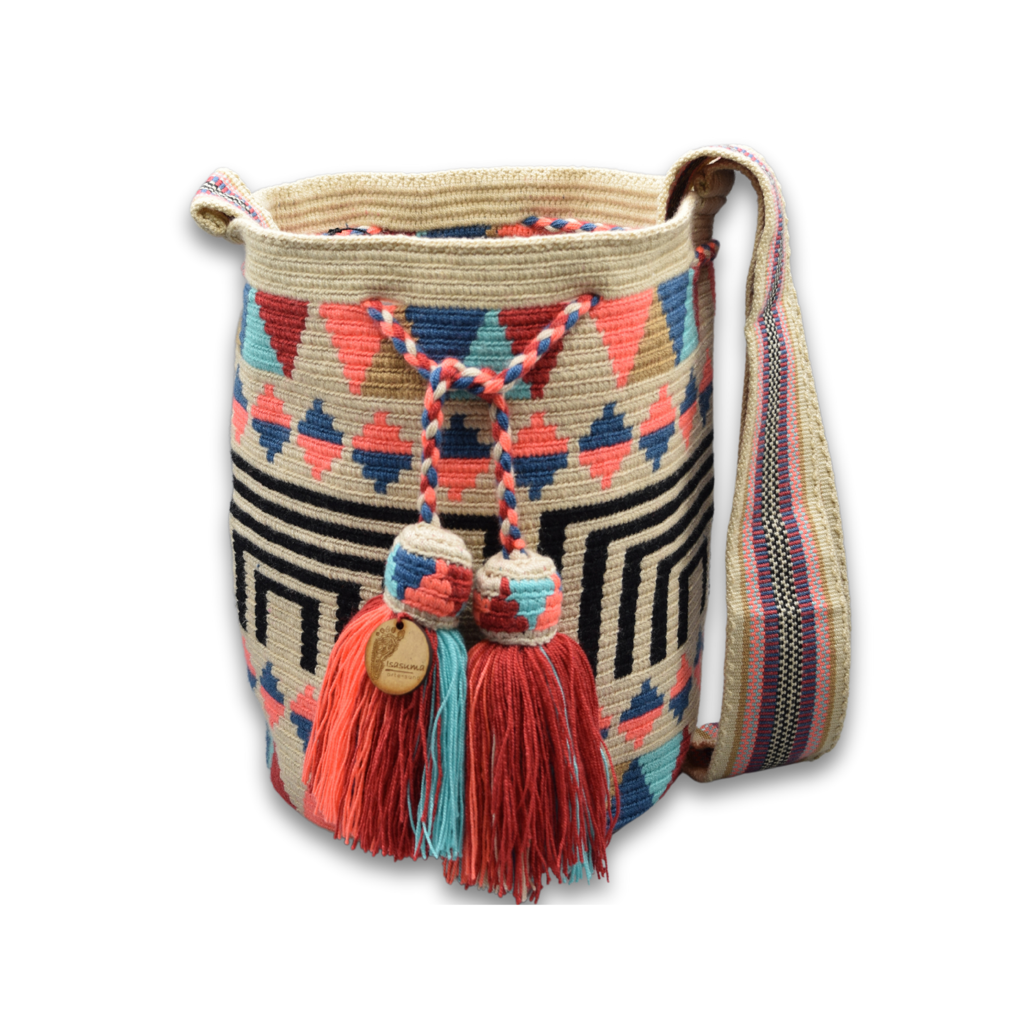 Large Exclusive Colombian Wayuu Mochila Bag | Non-Stretch Strap | Black lines orange and blue triangles