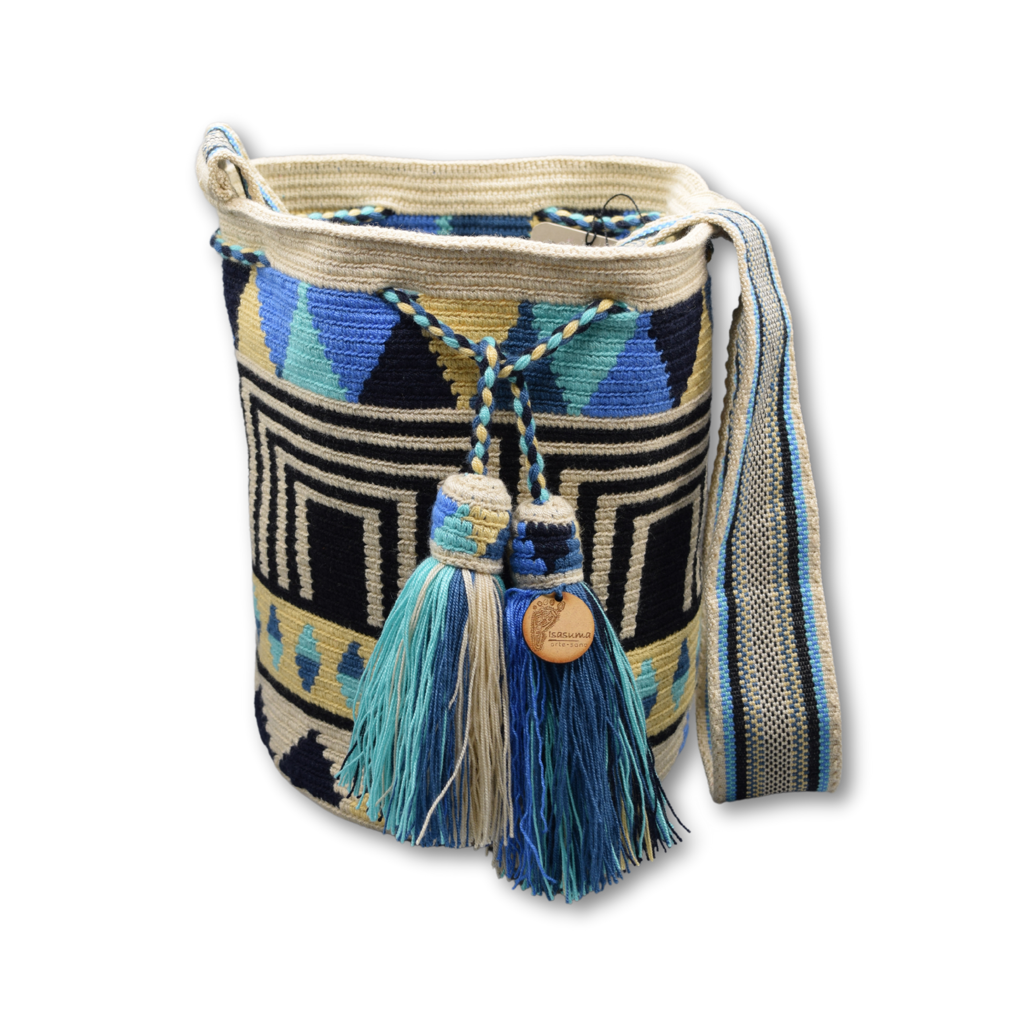Large Exclusive Colombian Wayuu Mochila Bag | Non-Stretch Strap | Black stripe with Blue triangles