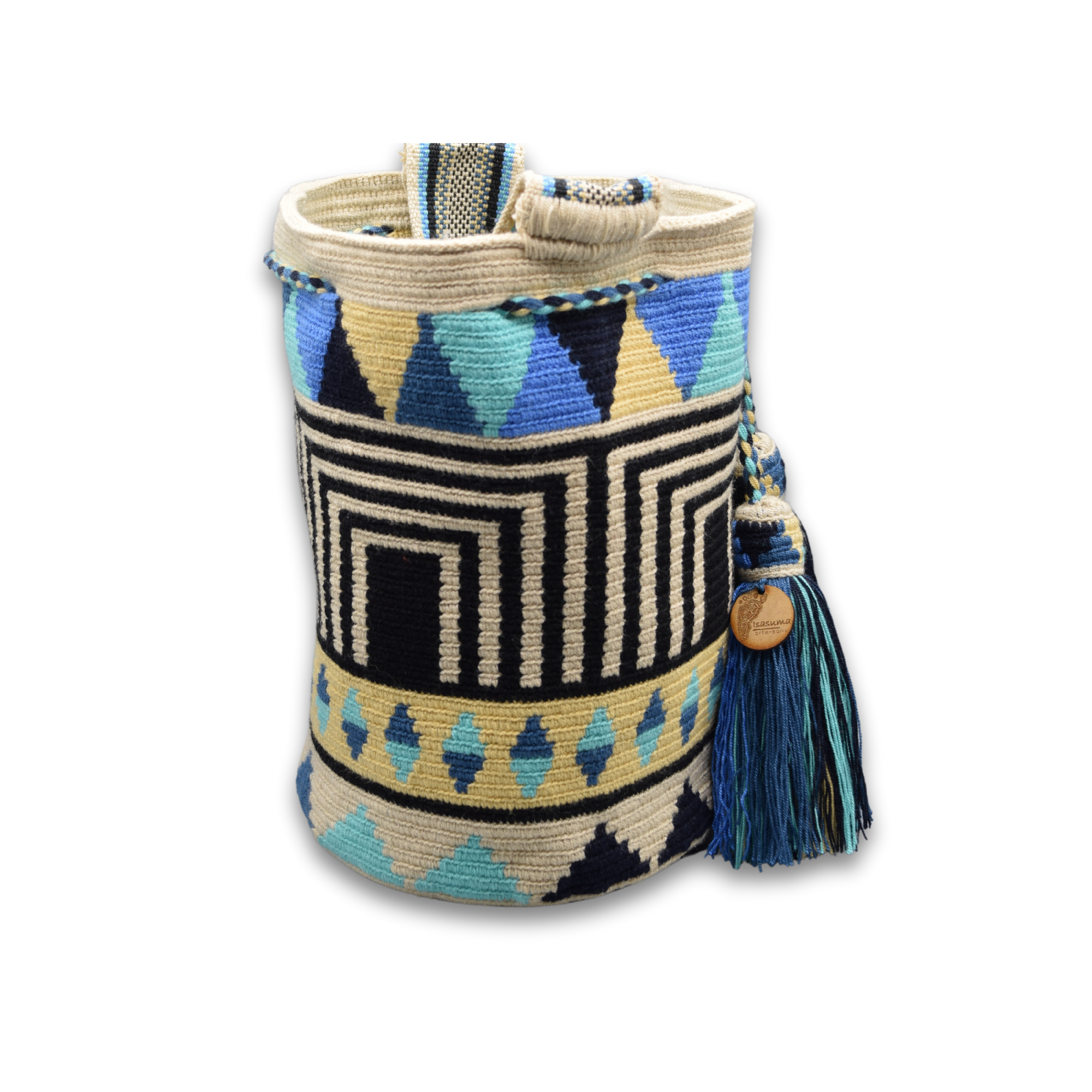 Large Exclusive Colombian Wayuu Mochila Bag | Non-Stretch Strap | Black stripe with Blue triangles