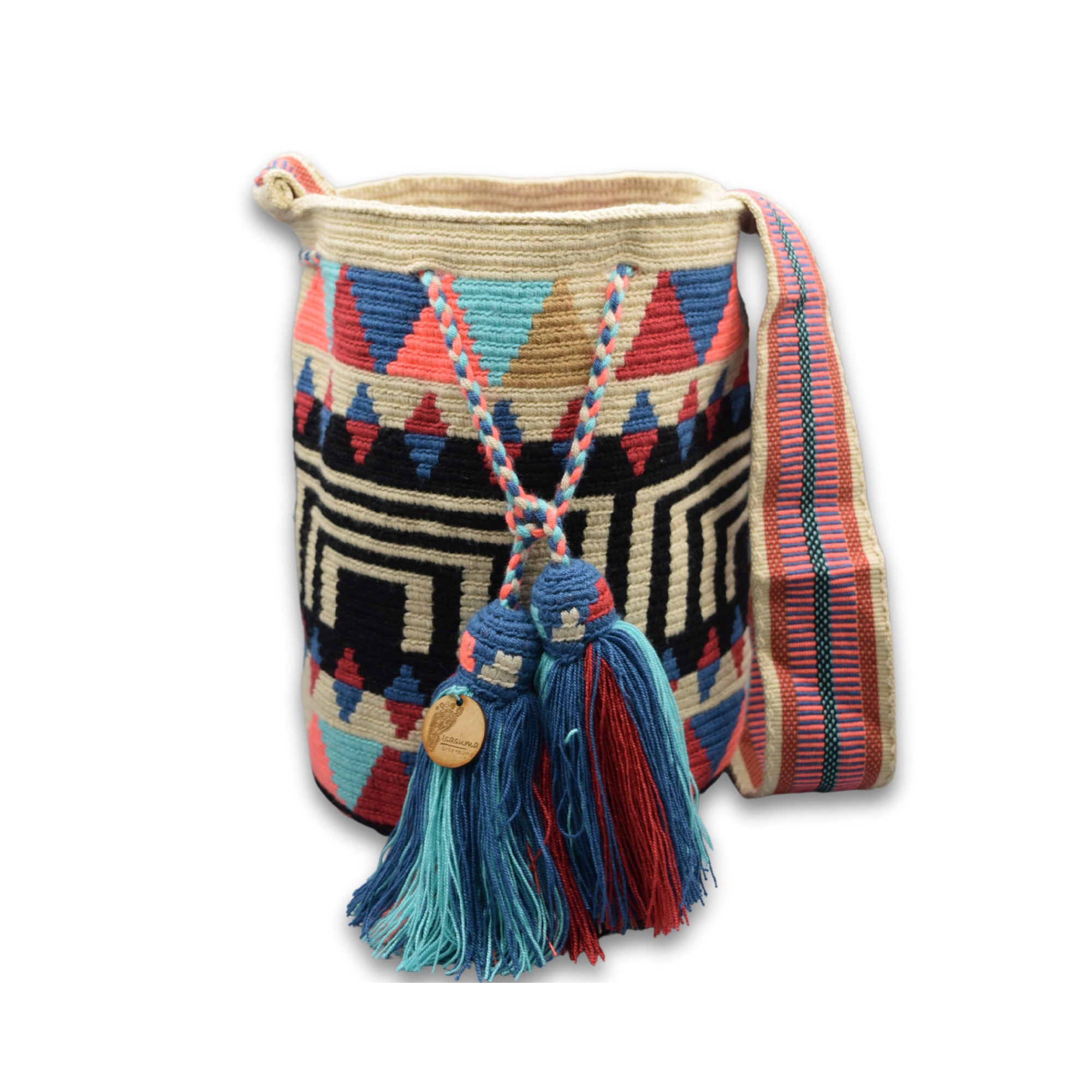 Large Exclusive Colombian Wayuu Mochila Bag | Non-Stretch Strap | Black stripe with red and blue triangles