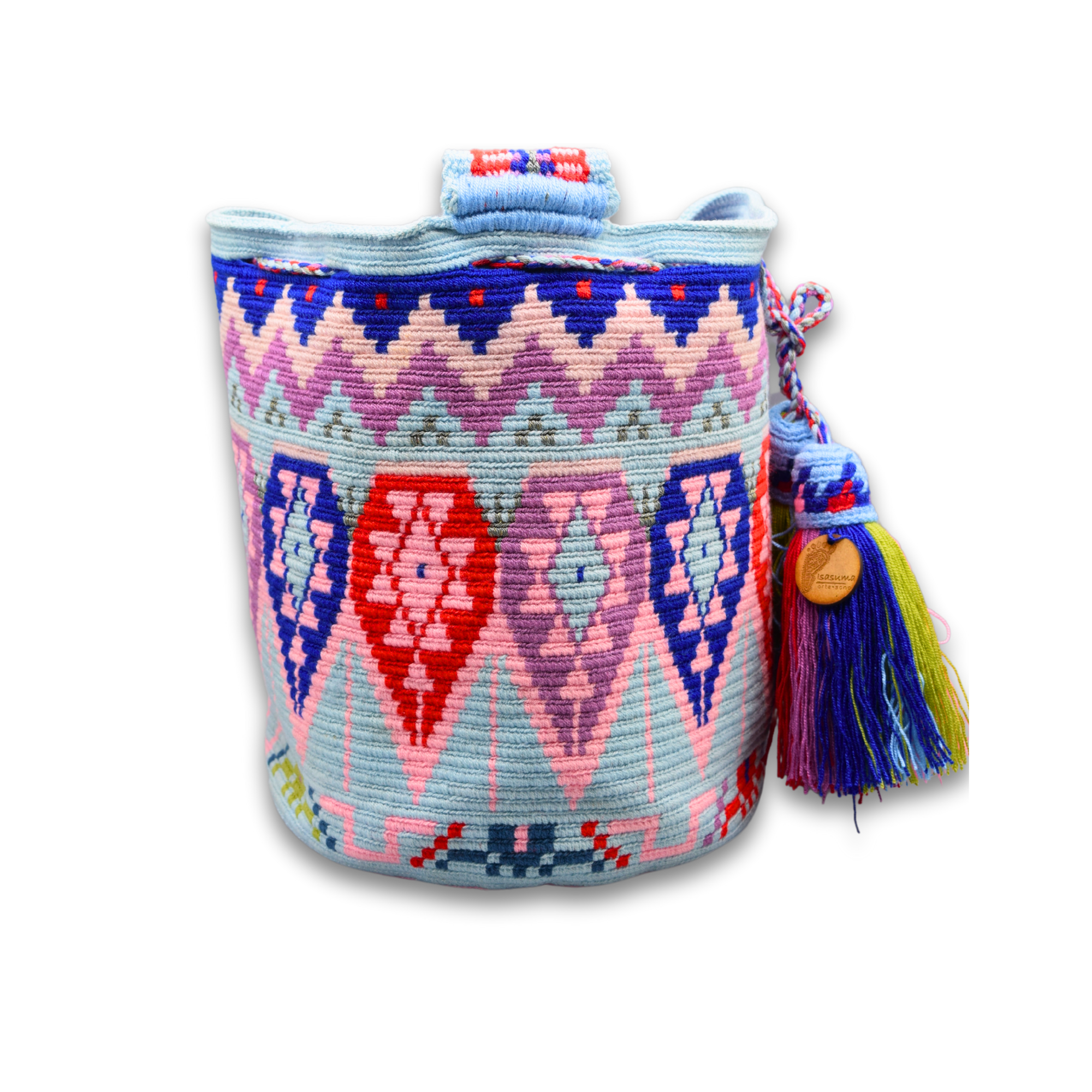 Large Exclusive Colombian Wayuu Mochila Bag | Non-Stretch Strap | Lilac and pink blue and red