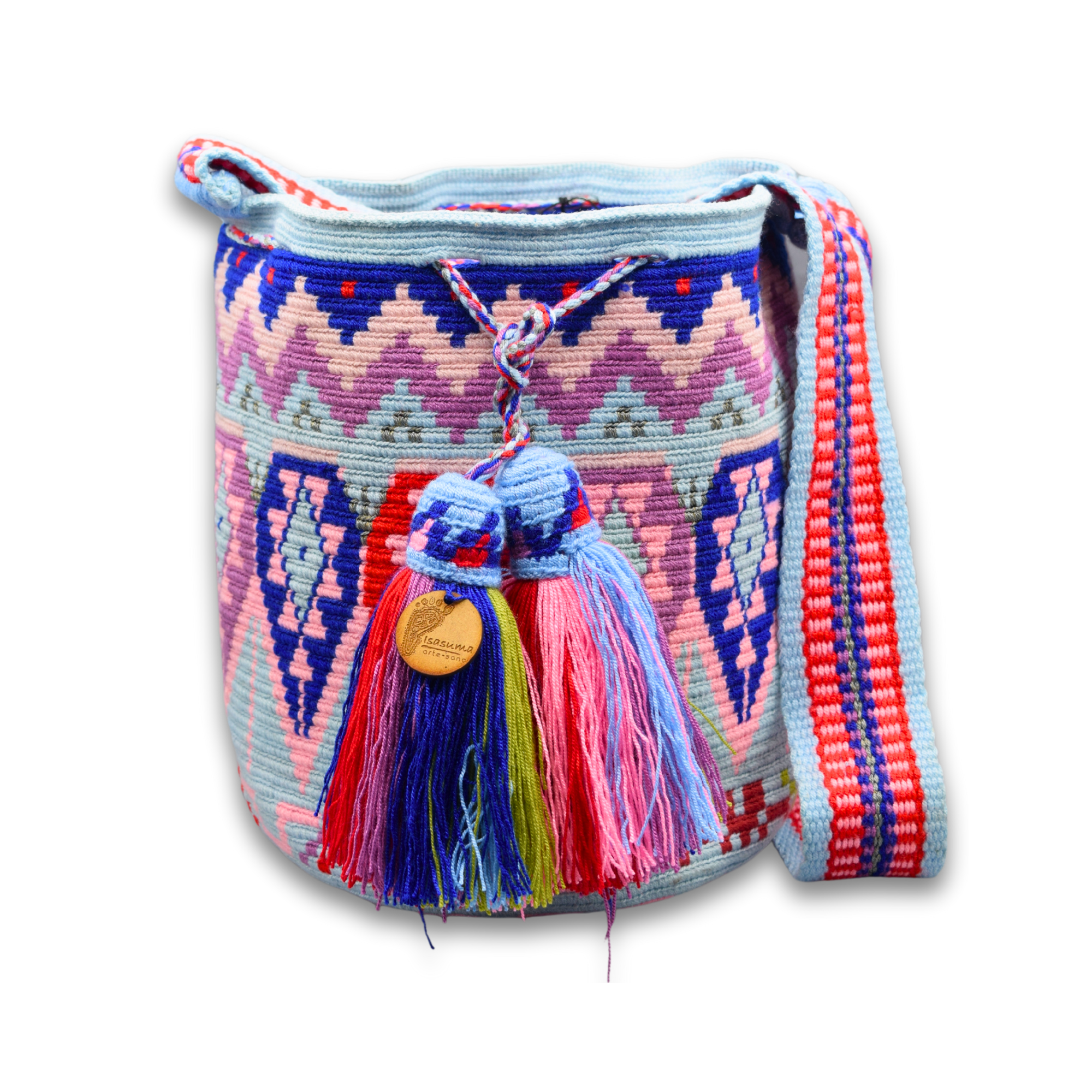 Large Exclusive Colombian Wayuu Mochila Bag | Non-Stretch Strap | Lilac and pink blue and red