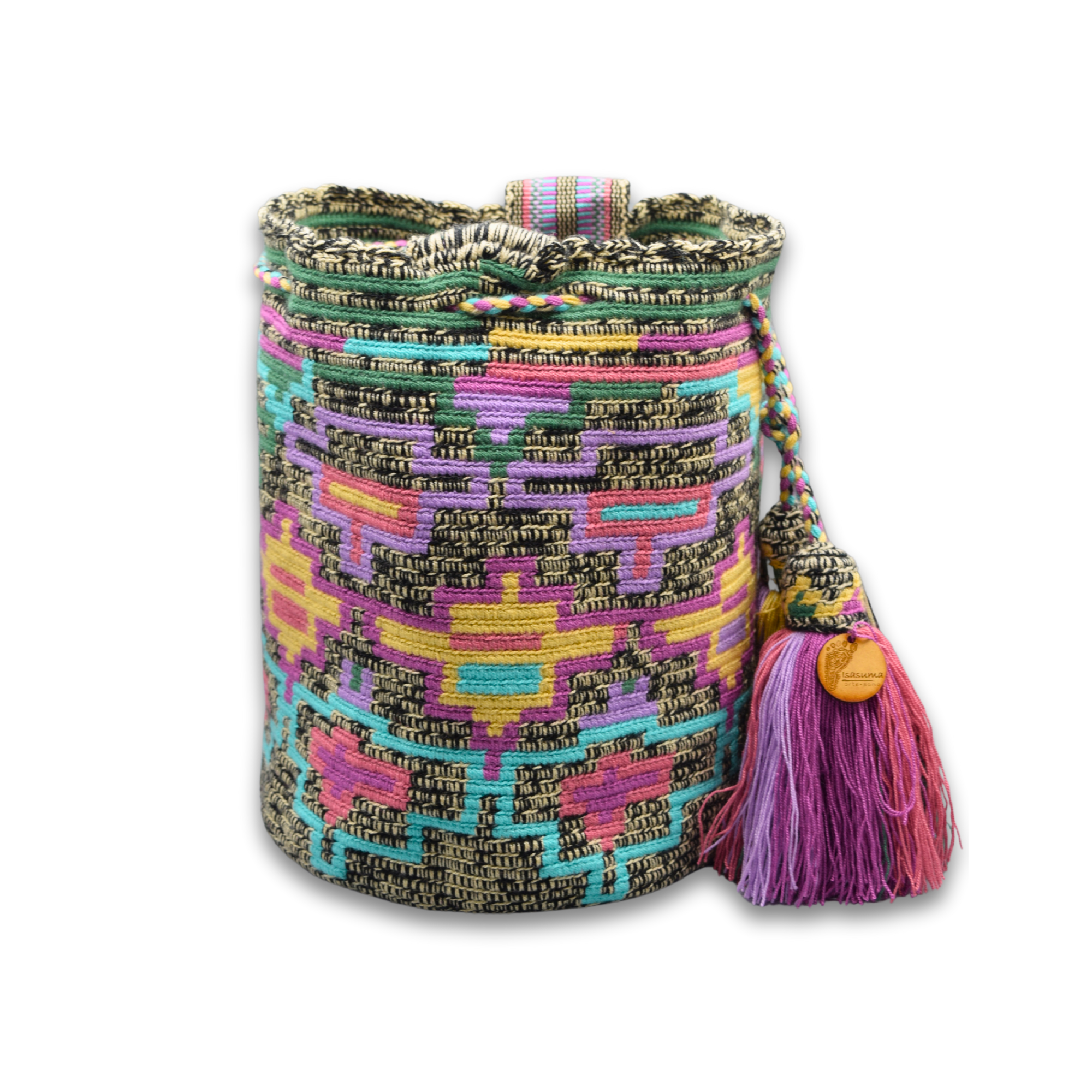 Large Exclusive Colombian Wayuu Mochila Bag | Non-Stretch Strap | Tetris figures marbled black base