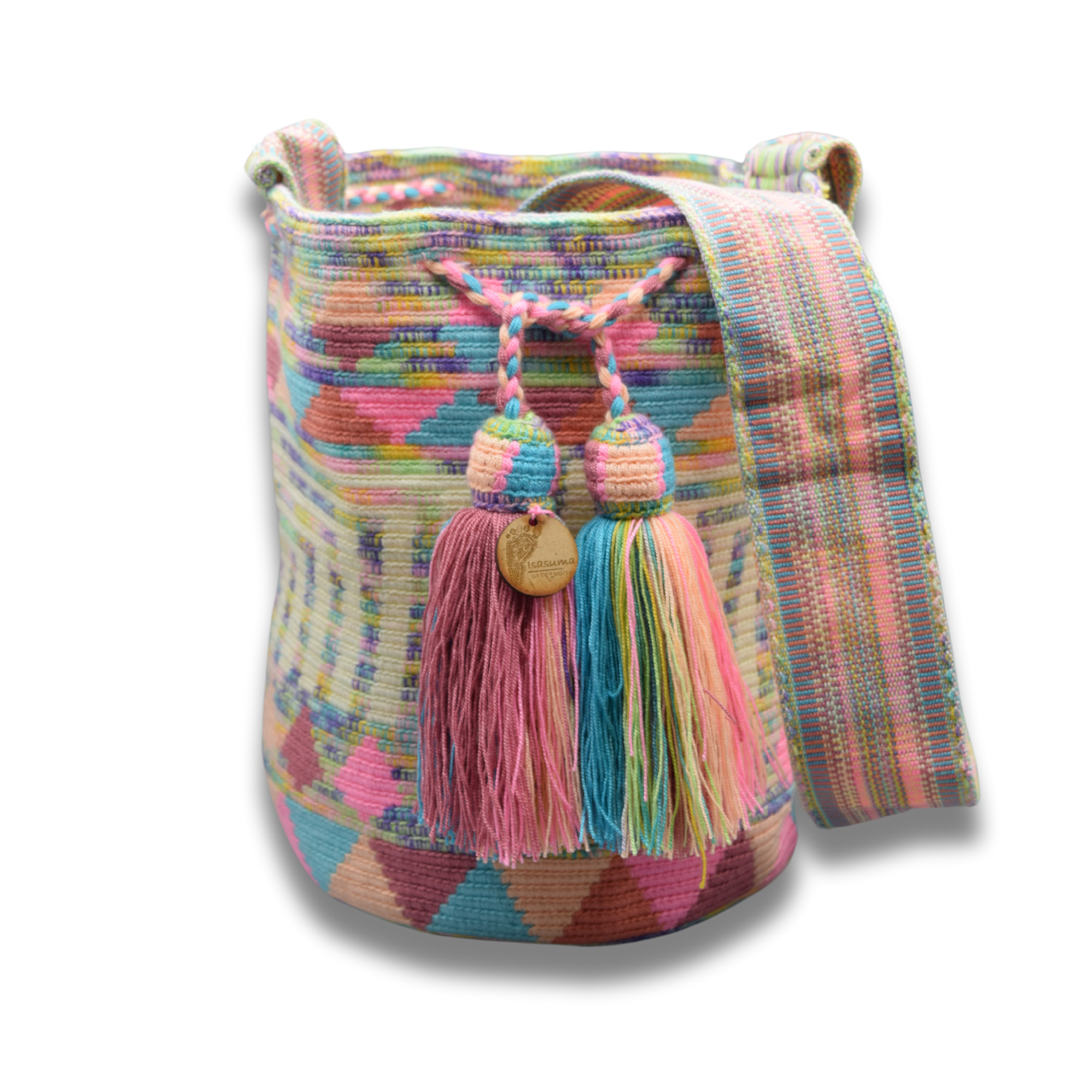 Large Exclusive Colombian Wayuu Mochila Bag | Non-Stretch Strap | Beige lines in the middle soft colors base