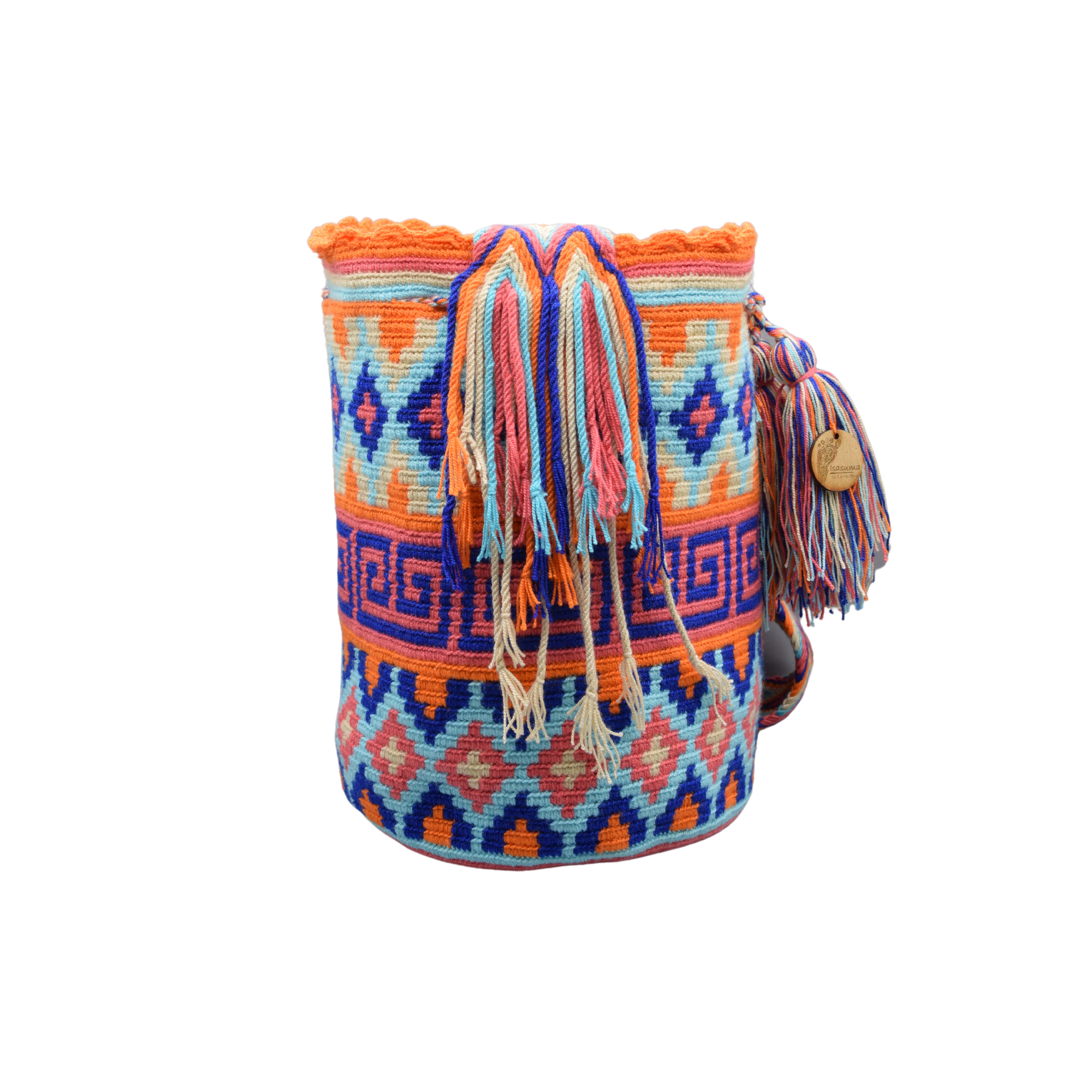 Large Authentic Colombian Wayuu Mochila Bag | Half orange half turquoise tringles