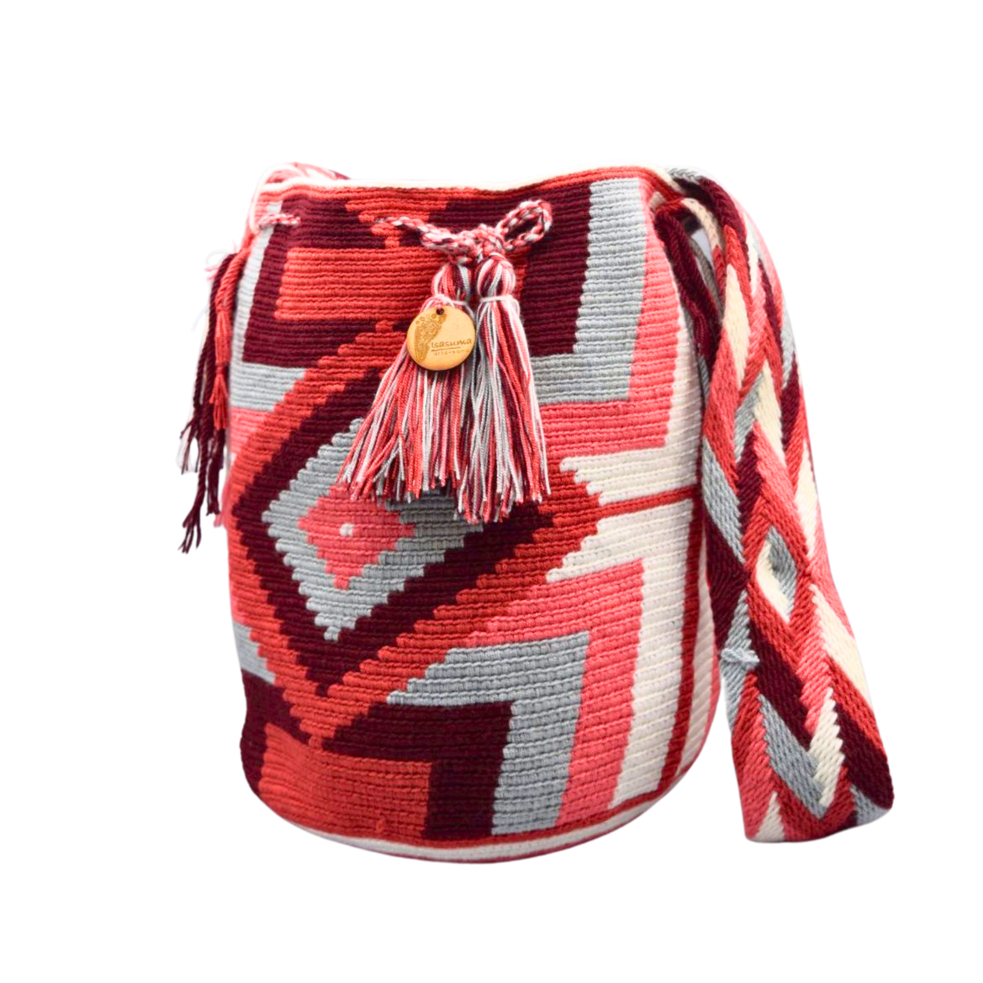 Large Authentic Colombian Wayuu Mochila Bag | Red and Gray design