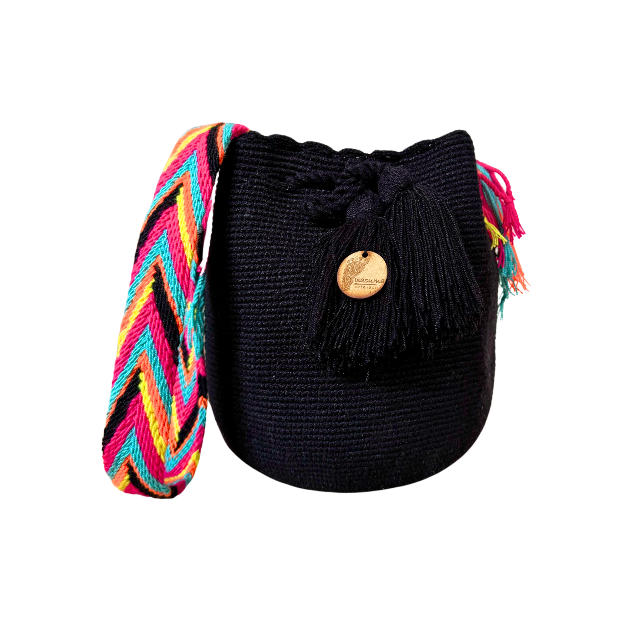 Medium Unicolor Wayuu Mochila Bag | Woven Crossbody | Handmade | Boho | Handmade in Colombia | Black Multicolor Strap