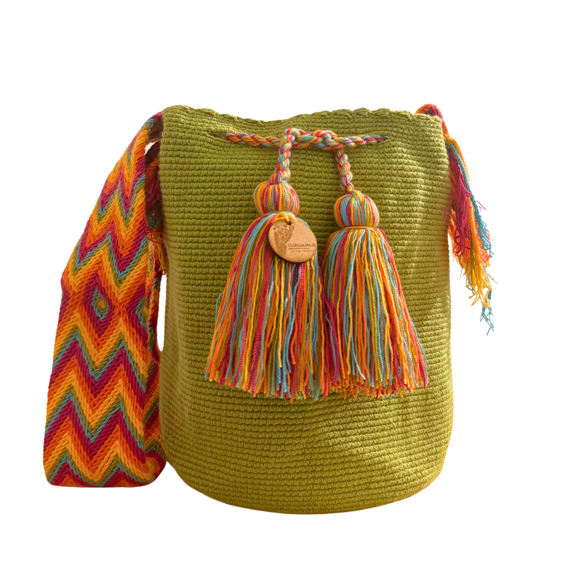 Large Unicolor Wayuu Mochila Bag | Green Rhombus Strap | Handmade in Colombia