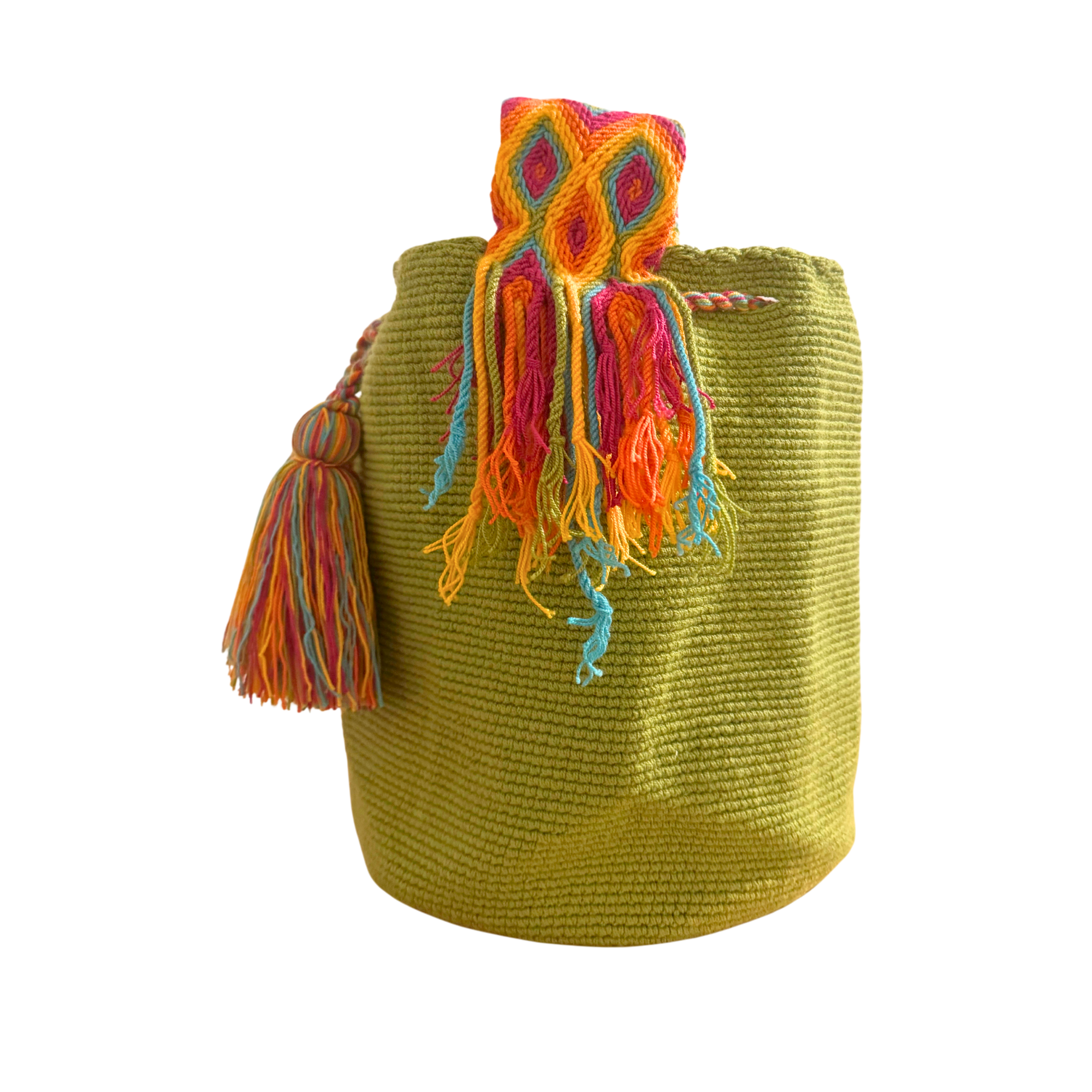 Large Unicolor Wayuu Mochila Bag | Green Rhombus Strap | Handmade in Colombia