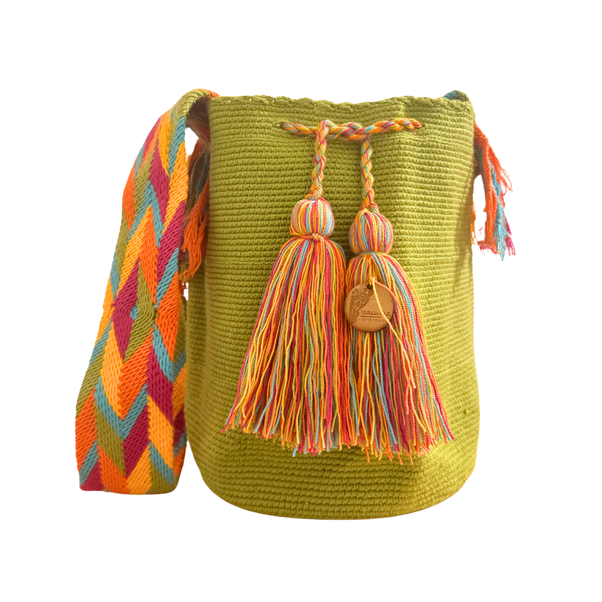 Large Unicolor Wayuu Mochila Bag | Green Arrows Strap | Handmade in Colombia