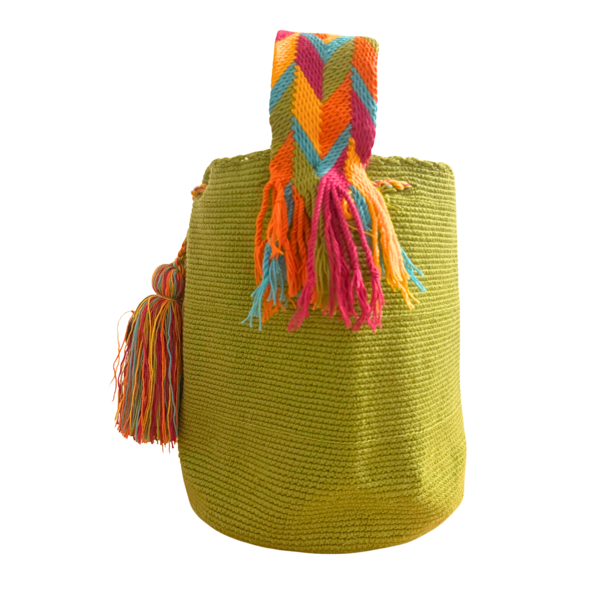 Large Unicolor Wayuu Mochila Bag | Green Arrows Strap | Handmade in Colombia