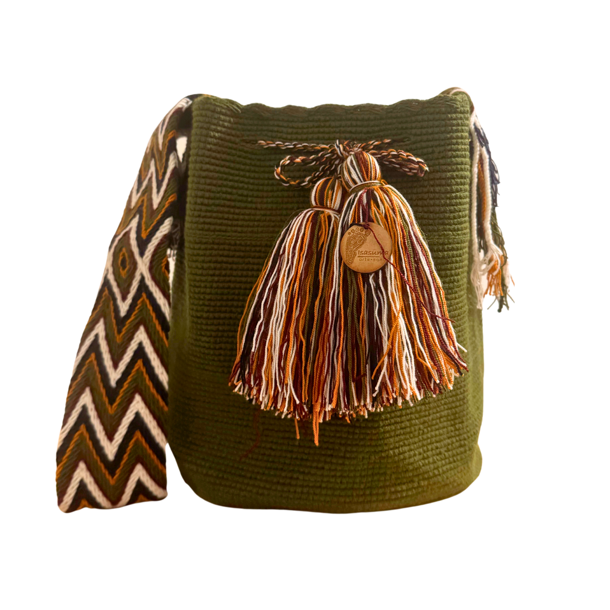 Large Unicolor Wayuu Mochila Bag | Green Army Strap with White Line | Handmade in Colombia