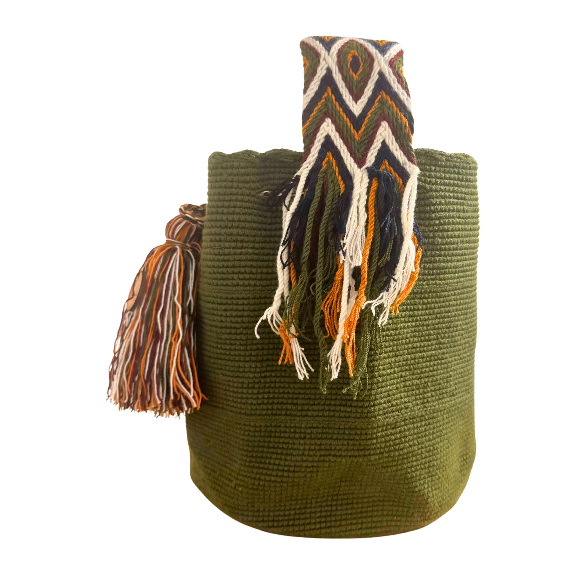 Large Unicolor Wayuu Mochila Bag | Green Army Strap with White Line | Handmade in Colombia