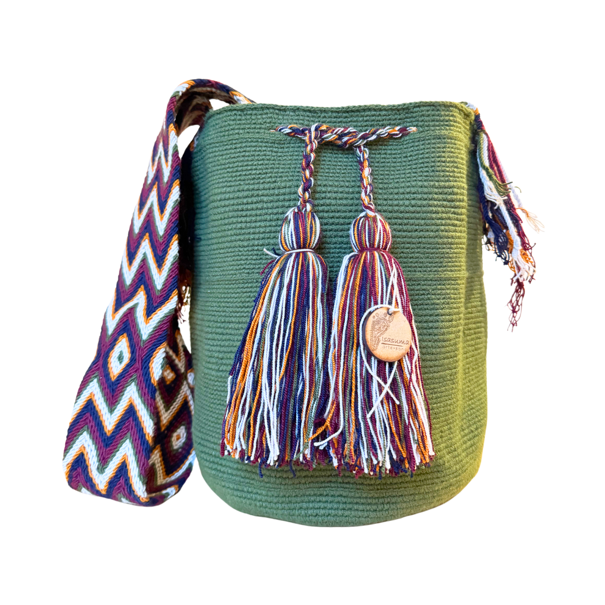 Large Unicolor Wayuu Mochila Bag | Green Army Strap with Beige Line | Handmade in Colombia