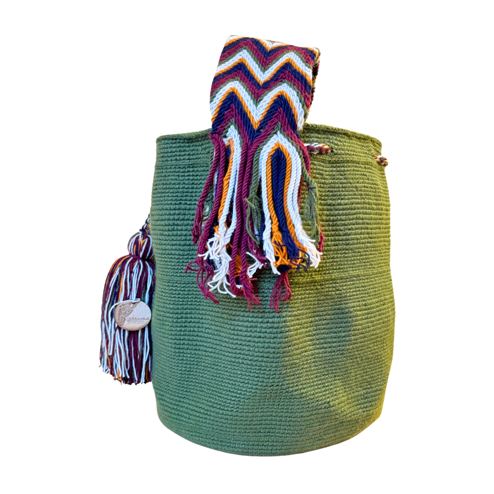 Large Unicolor Wayuu Mochila Bag | Green Army Strap with Beige Line | Handmade in Colombia