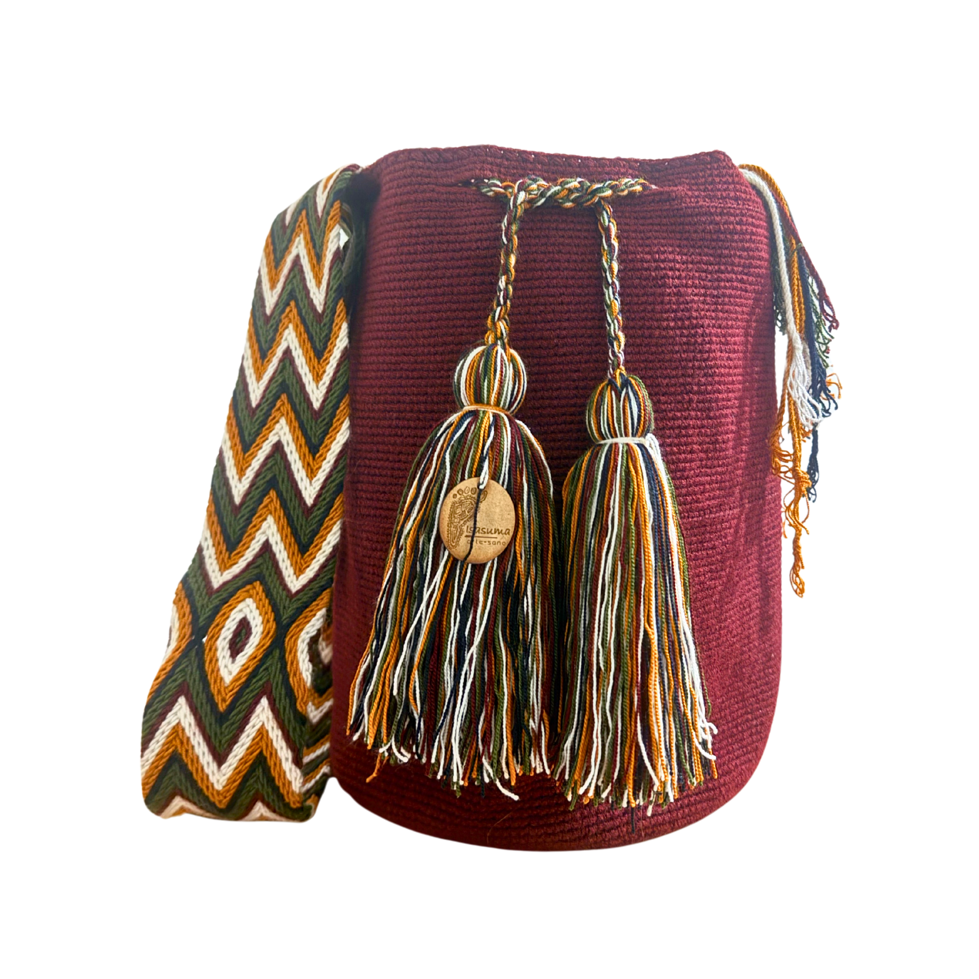 Large Unicolor Wayuu Mochila Bag | Burgundy Wide White Rhombus Strap | Handmade in Colombia