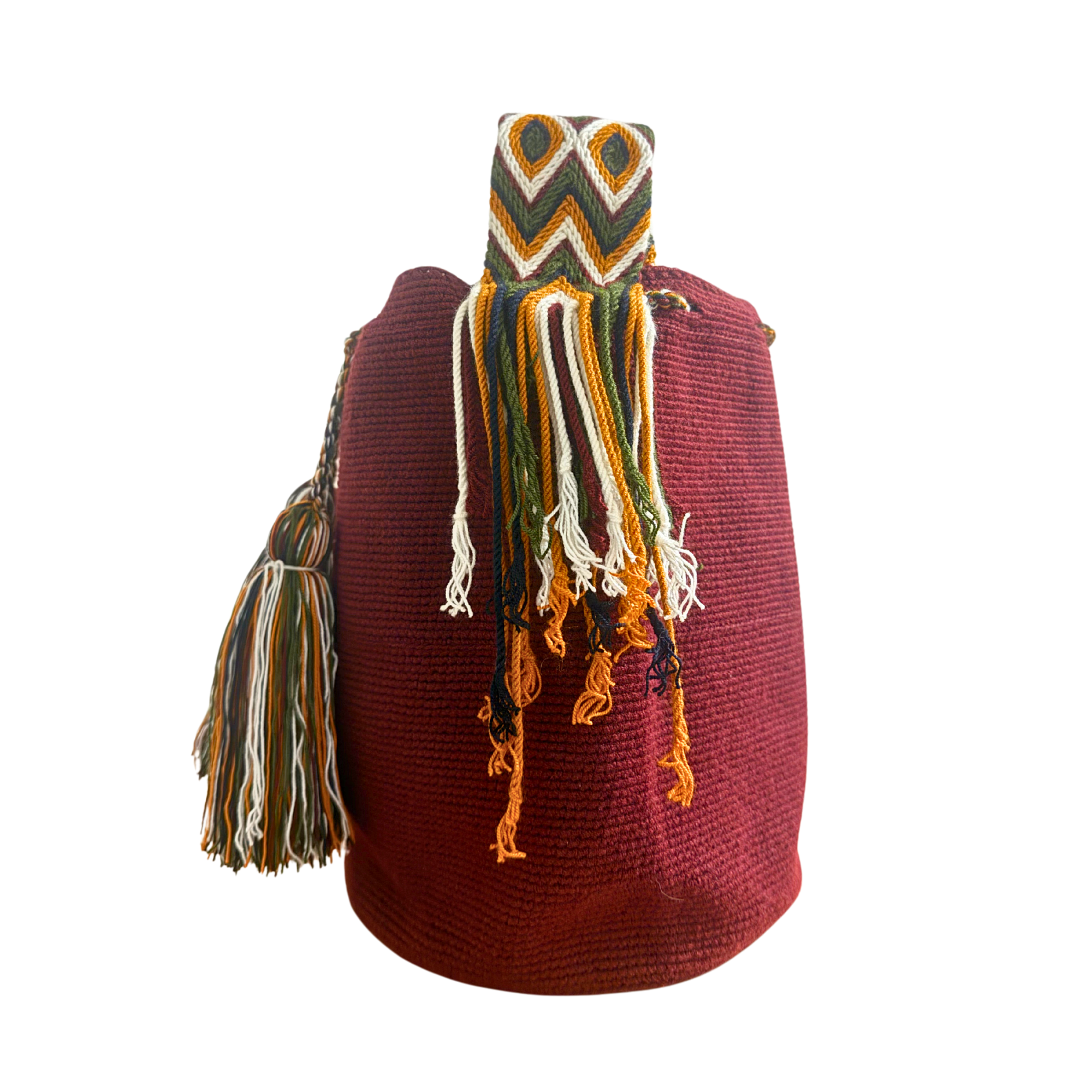 Large Unicolor Wayuu Mochila Bag | Burgundy Wide White Rhombus Strap | Handmade in Colombia