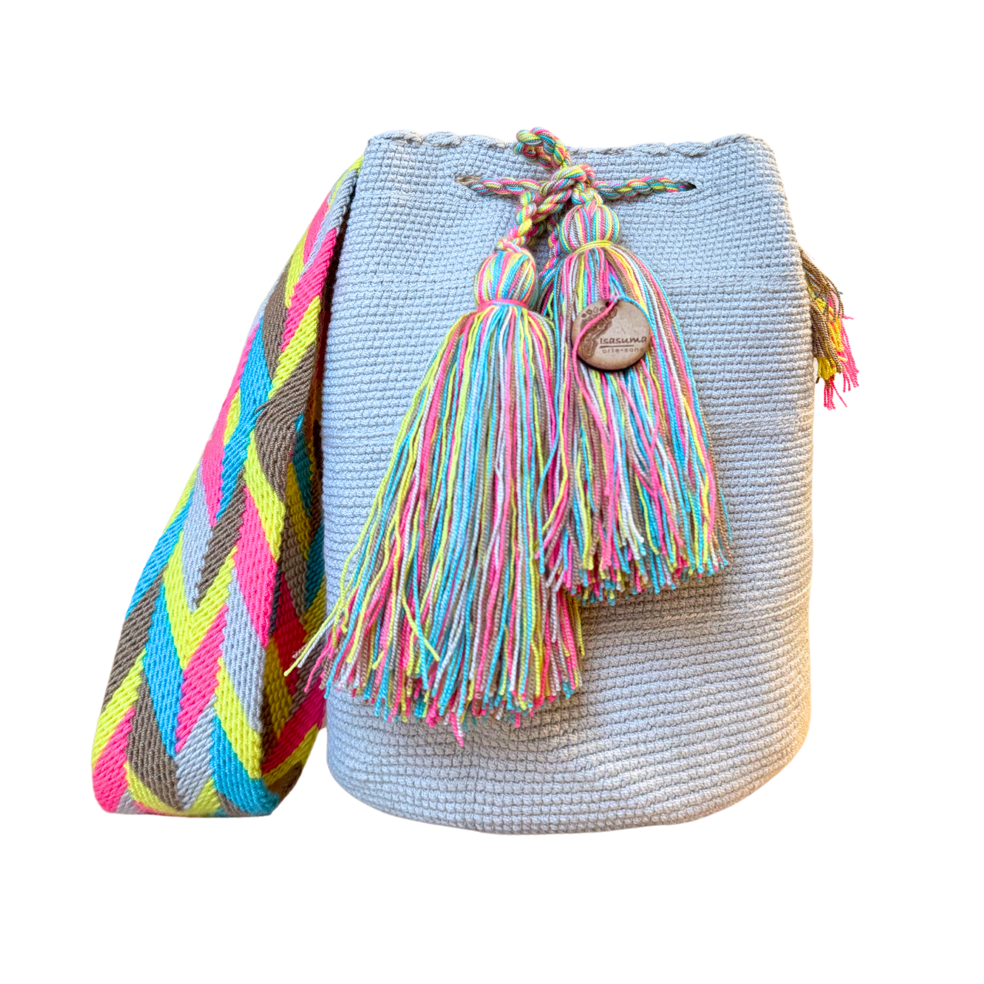 Large Unicolor Wayuu Mochila Bag | Beige Strap with Neon Tones | Handmade in Colombia