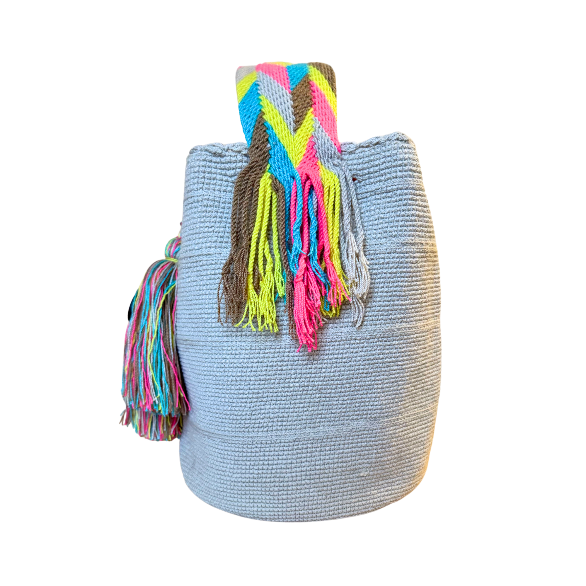 Large Unicolor Wayuu Mochila Bag | Beige Strap with Neon Tones | Handmade in Colombia