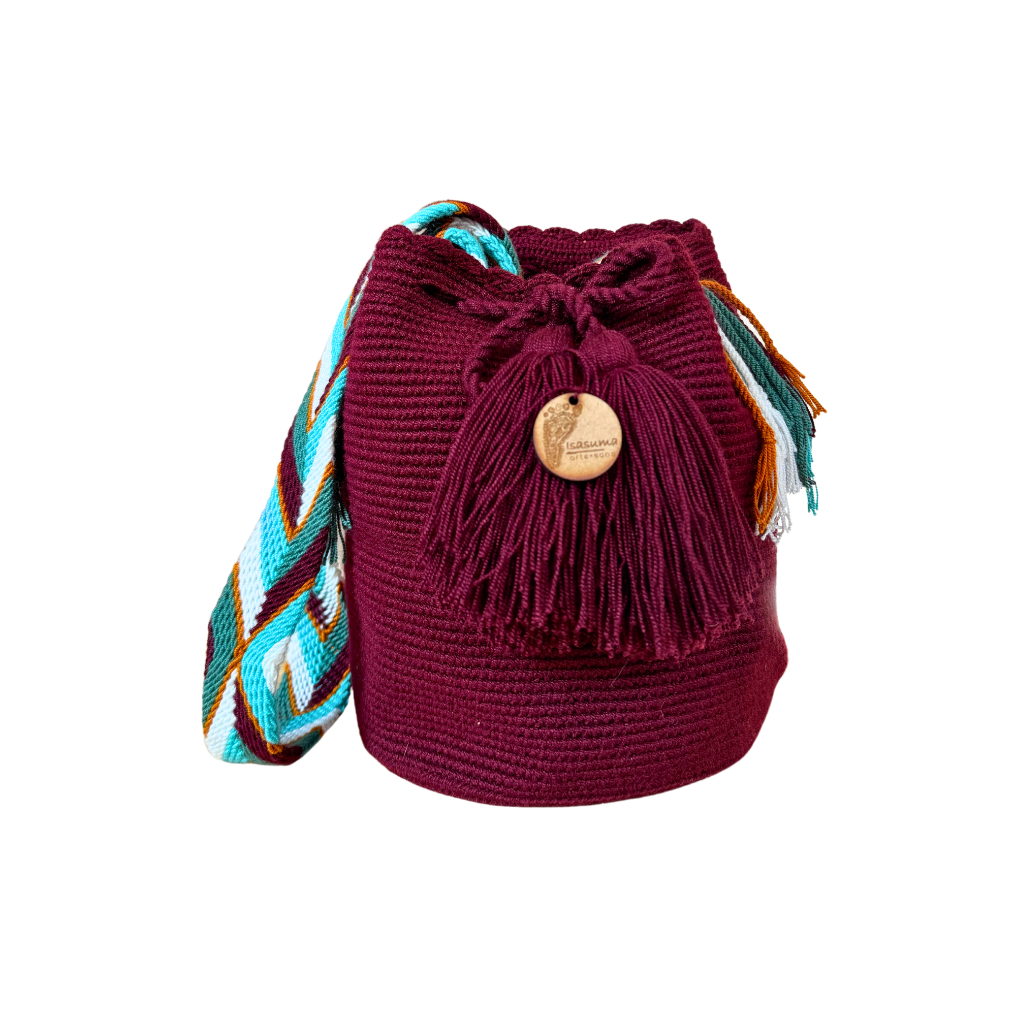 Medium Unicolor Wayuu Mochila Bag | Burgundy Orange line Strap | Woven Crossbody | Handmade | Boho | Handmade in Colombia